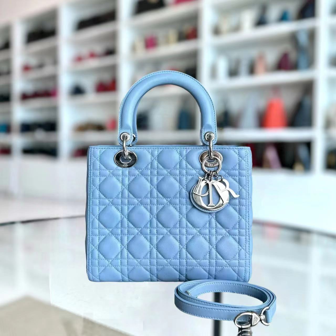 Dior Lady Medium Cannage Lambskin Light Blue SHW - Luxury Evermore