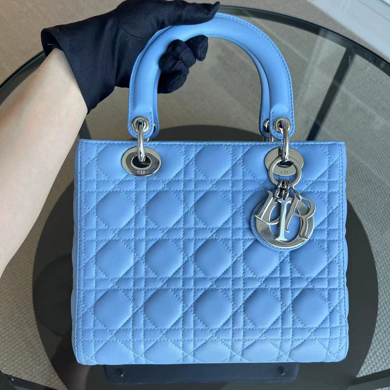 Dior Lady Medium Cannage Lambskin Light Blue SHW - Luxury Evermore