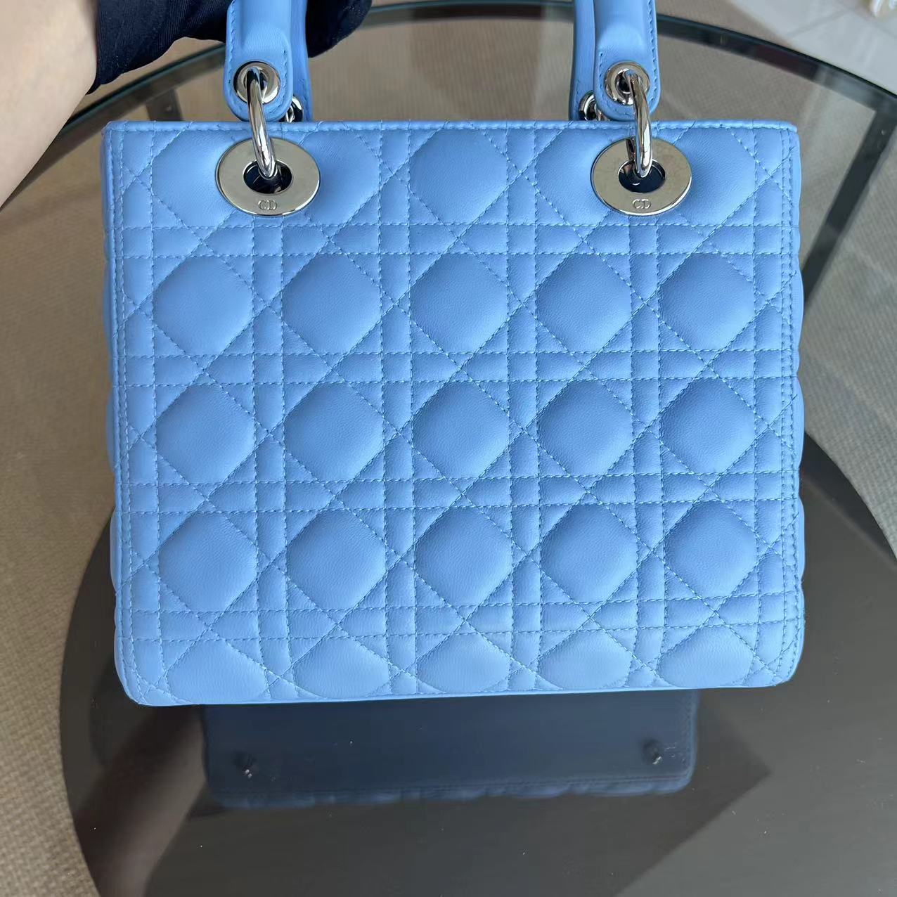 Dior Lady Medium Cannage Lambskin Light Blue SHW - Luxury Evermore