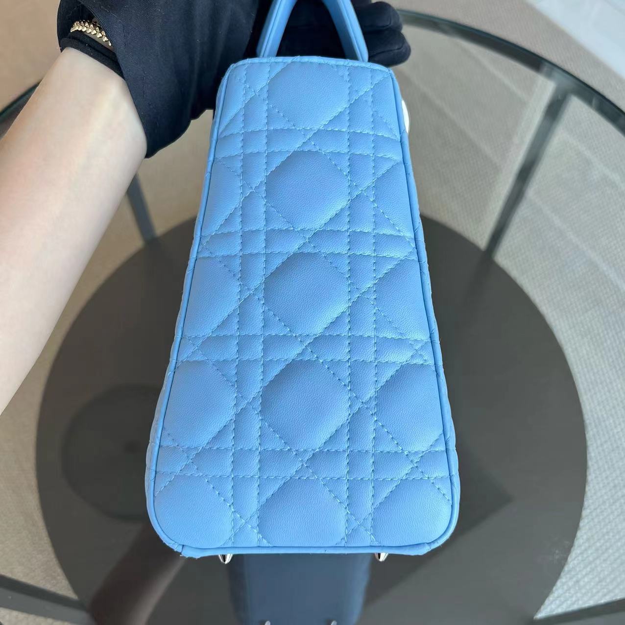 Dior Lady Medium Cannage Lambskin Light Blue SHW - Luxury Evermore