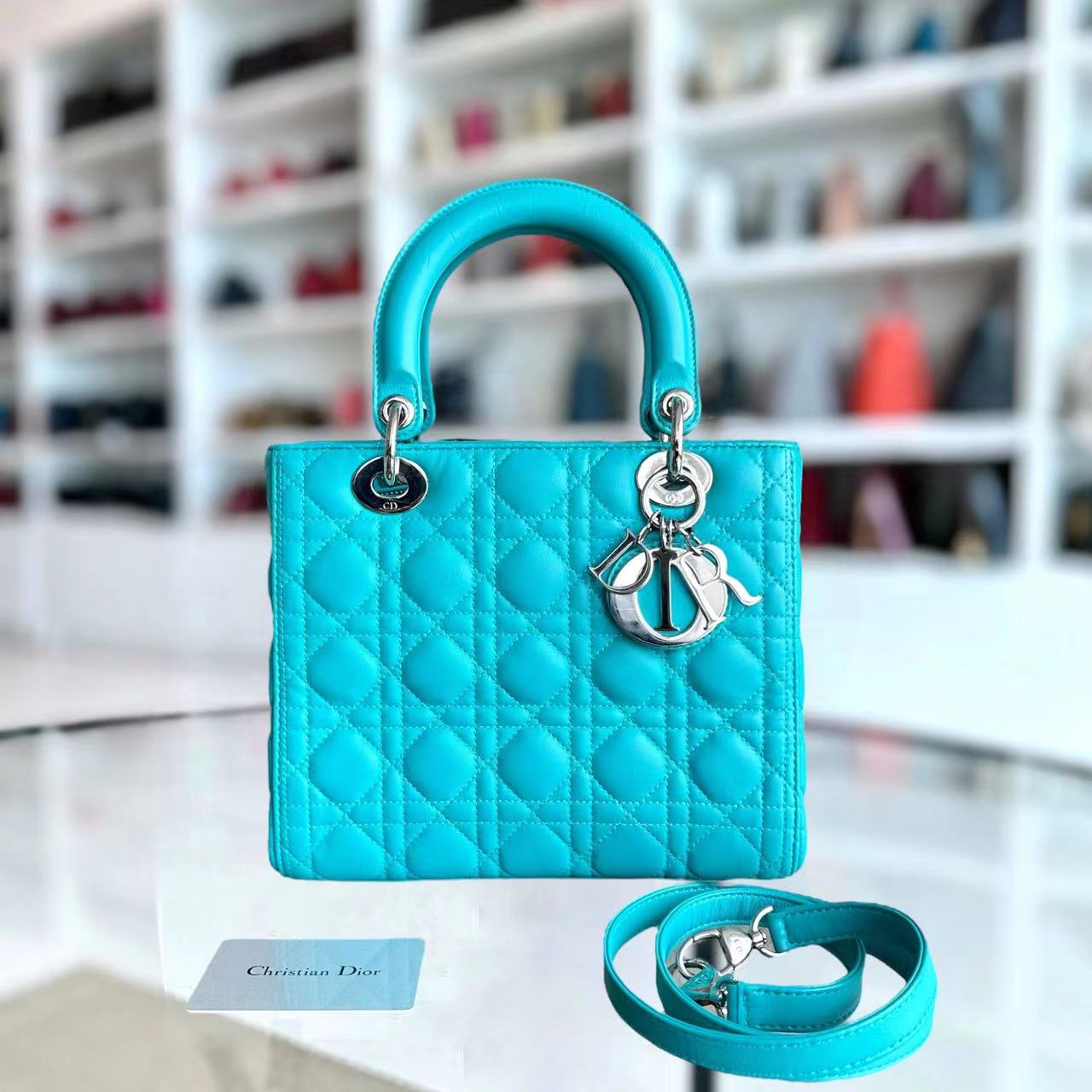 Dior Lady Medium Cannage Lambskin Light Blue Silver Hardware - Luxury Evermore