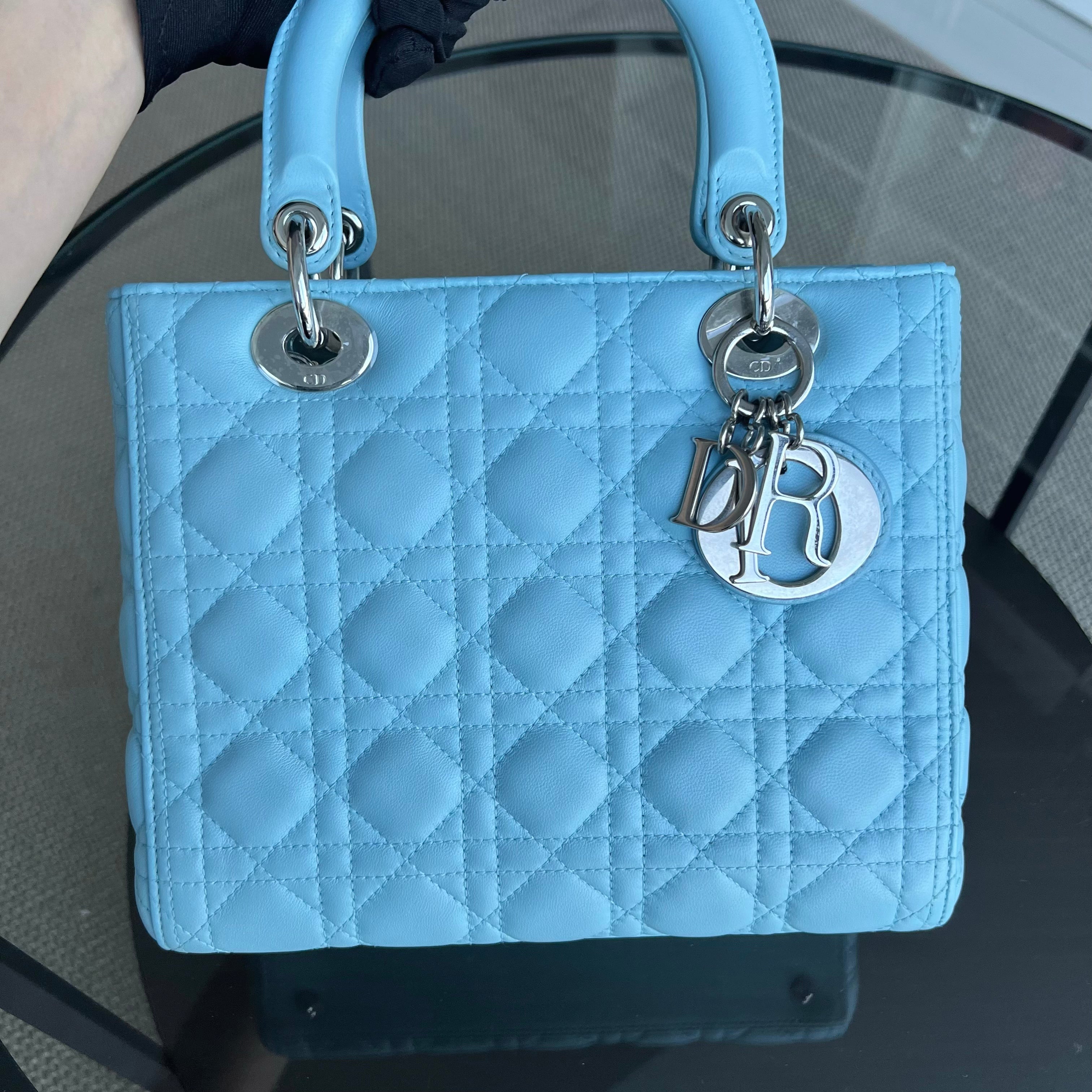 Dior Lady Medium Cannage Lambskin Light Blue Silver Hardware - Luxury Evermore