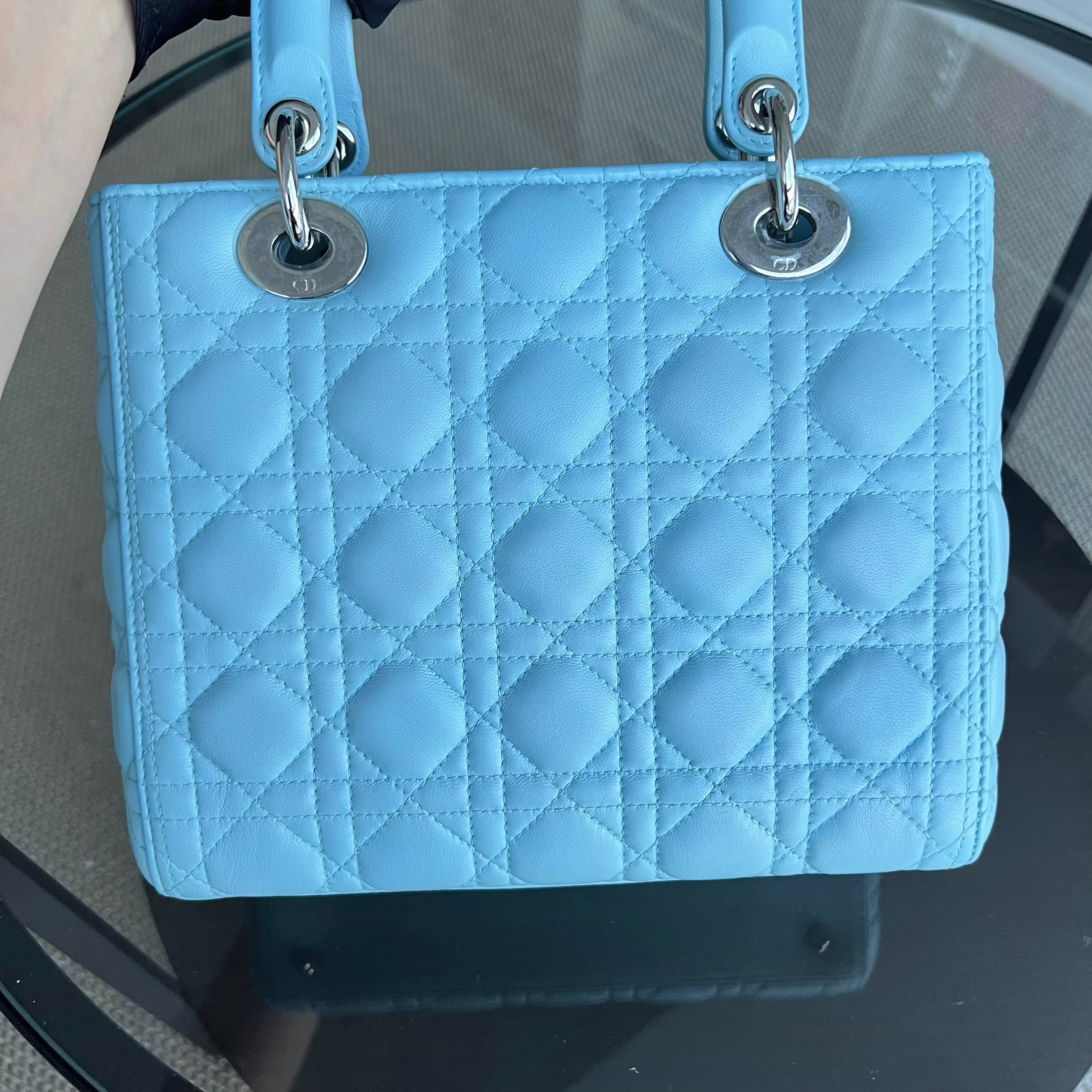 Dior Lady Medium Cannage Lambskin Light Blue Silver Hardware - Luxury Evermore