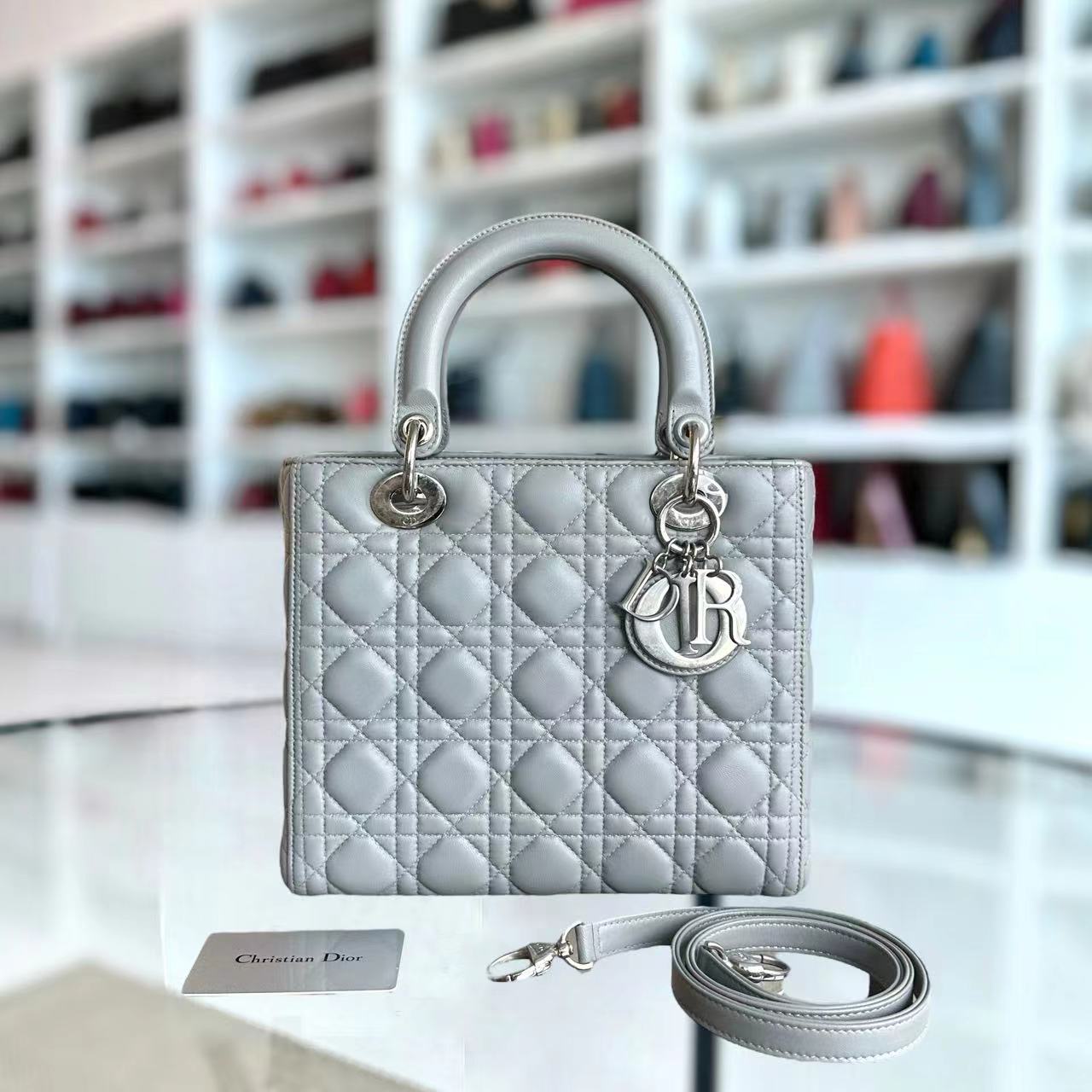 Dior Lady Medium Cannage Lambskin Light Grey Gray SHW - Luxury Evermore