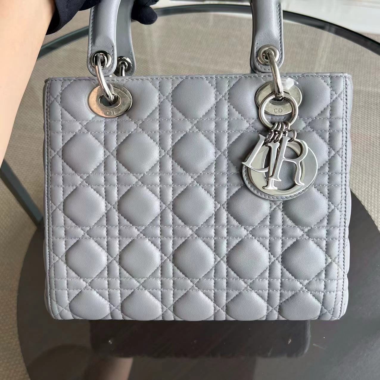 Dior Lady Medium Cannage Lambskin Light Grey Gray SHW - Luxury Evermore