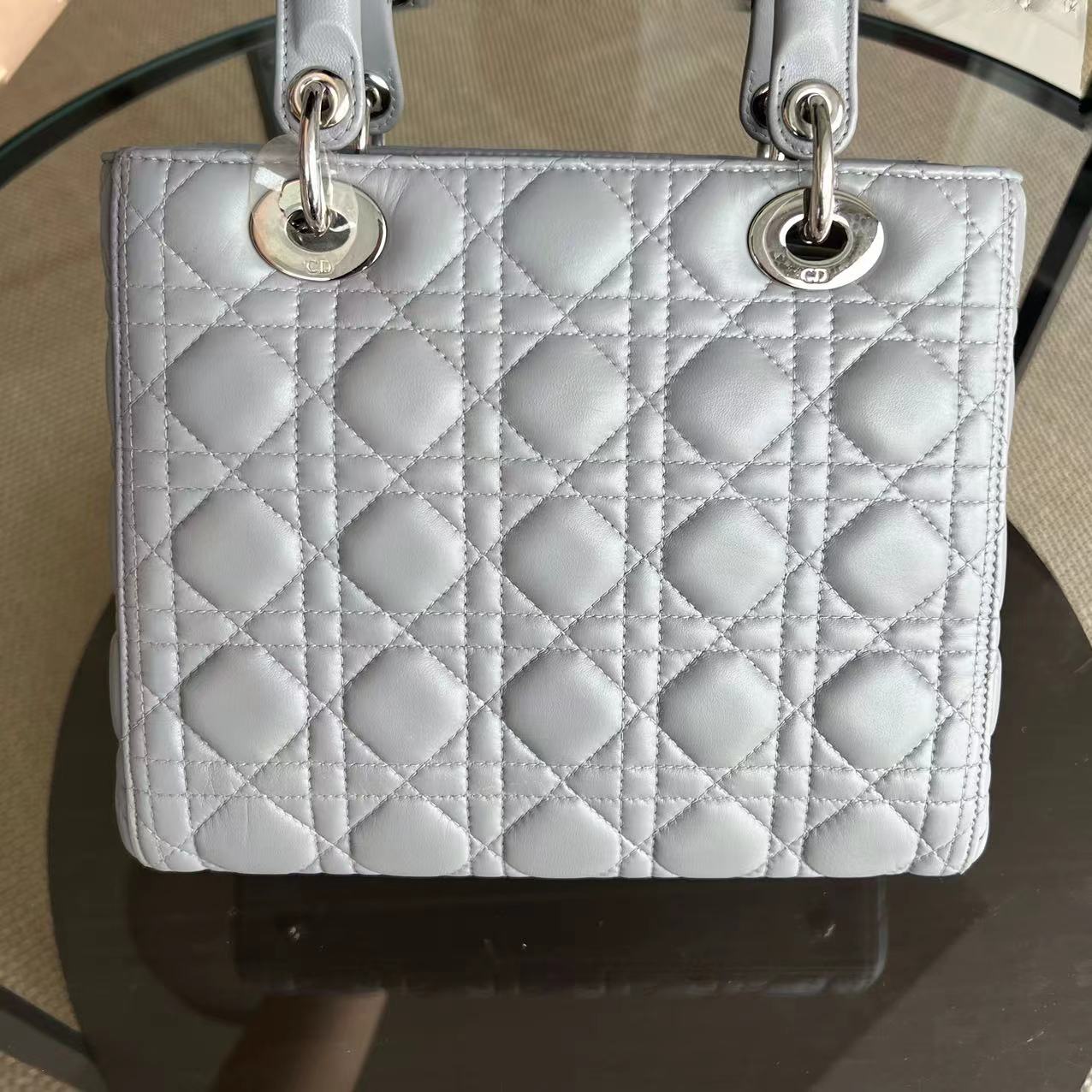 Dior Lady Medium Cannage Lambskin Light Grey Gray SHW - Luxury Evermore