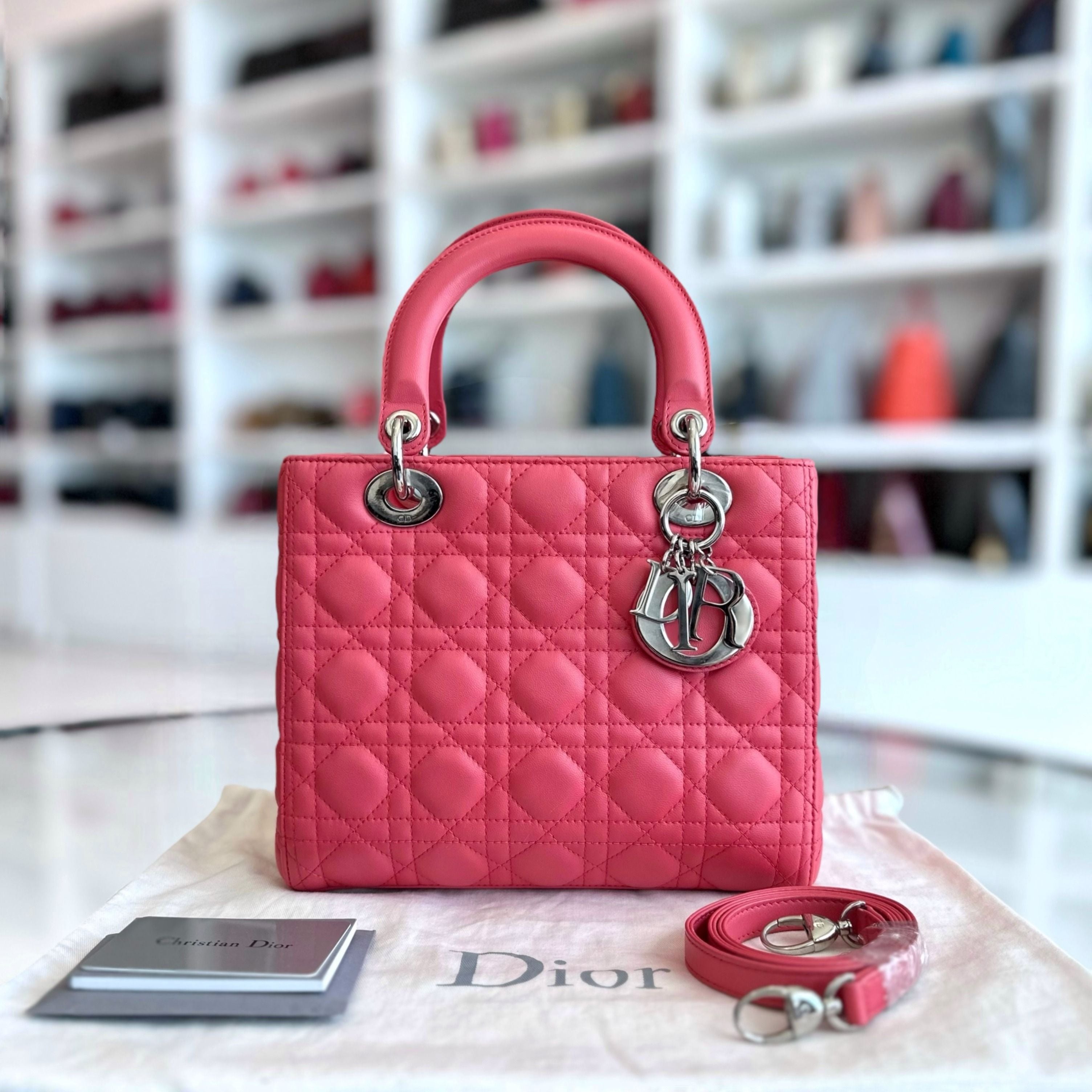 Dior Lady Medium Cannage Lambskin Pink Coral SHW - Luxury Evermore