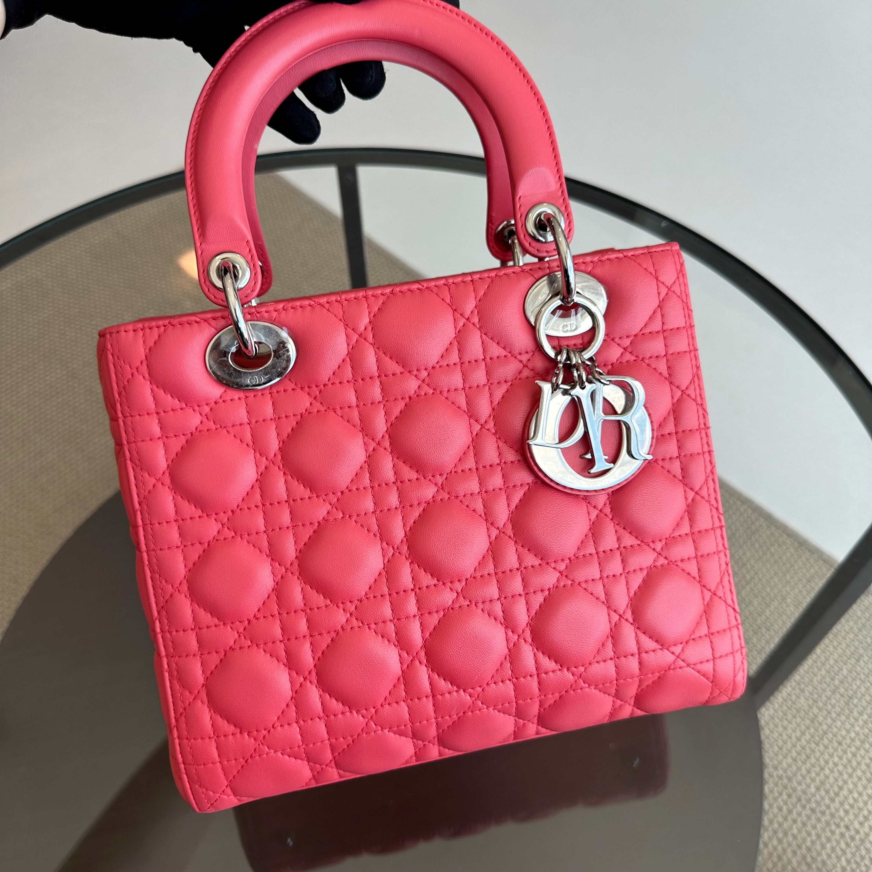 Dior Lady Medium Cannage Lambskin Pink Coral SHW - Luxury Evermore