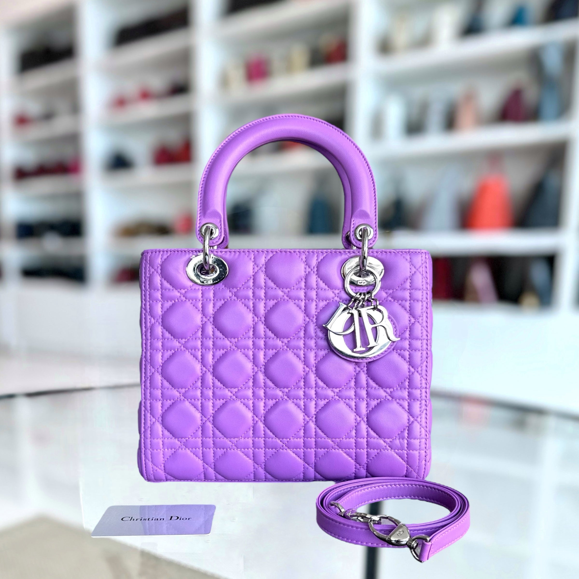 Dior Lady Medium Cannage Lambskin Purple Violet Silver Hardware Silver Hardware - Luxury Evermore