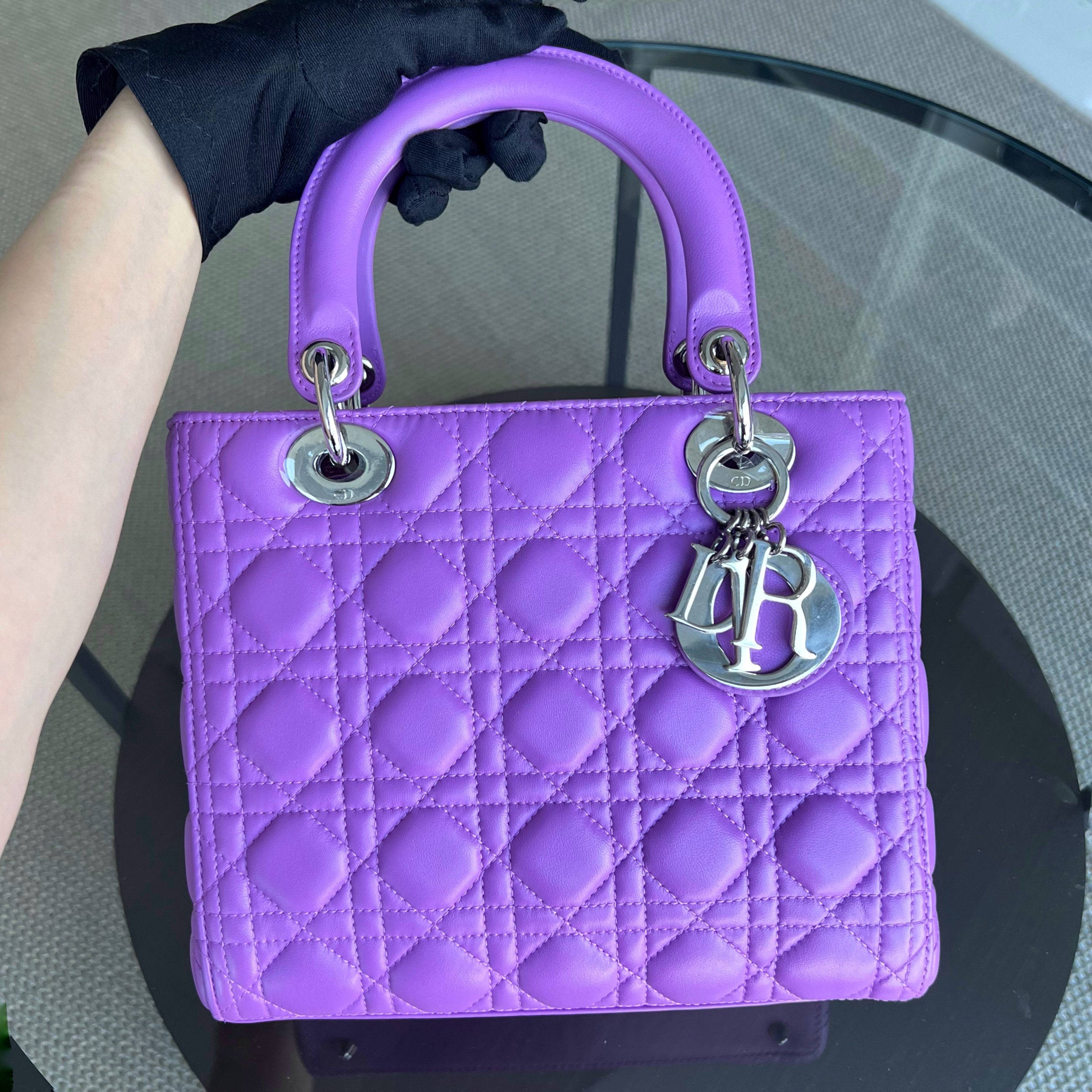 Dior Lady Medium Cannage Lambskin Purple Violet Silver Hardware Silver Hardware - Luxury Evermore