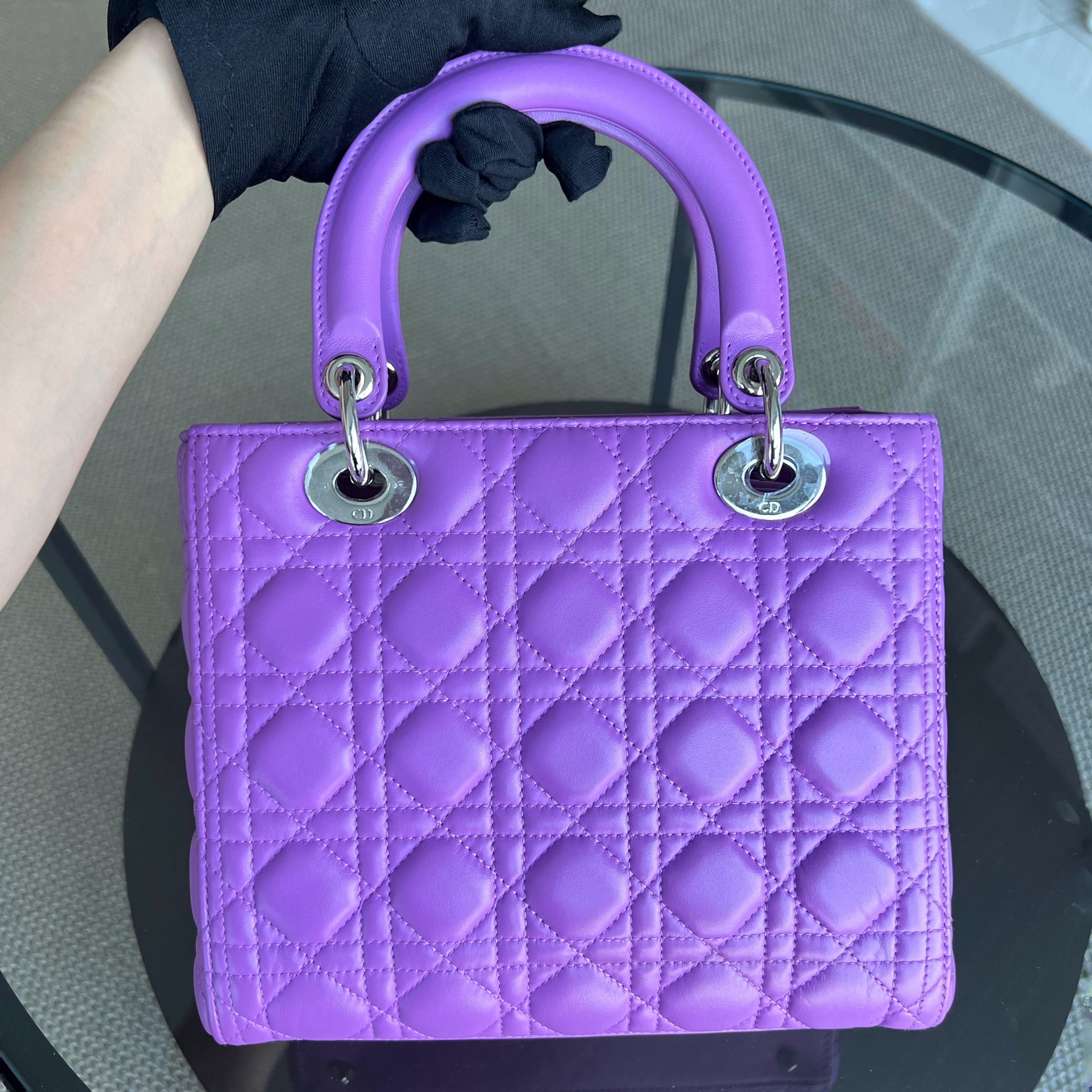 Dior Lady Medium Cannage Lambskin Purple Violet Silver Hardware Silver Hardware - Luxury Evermore