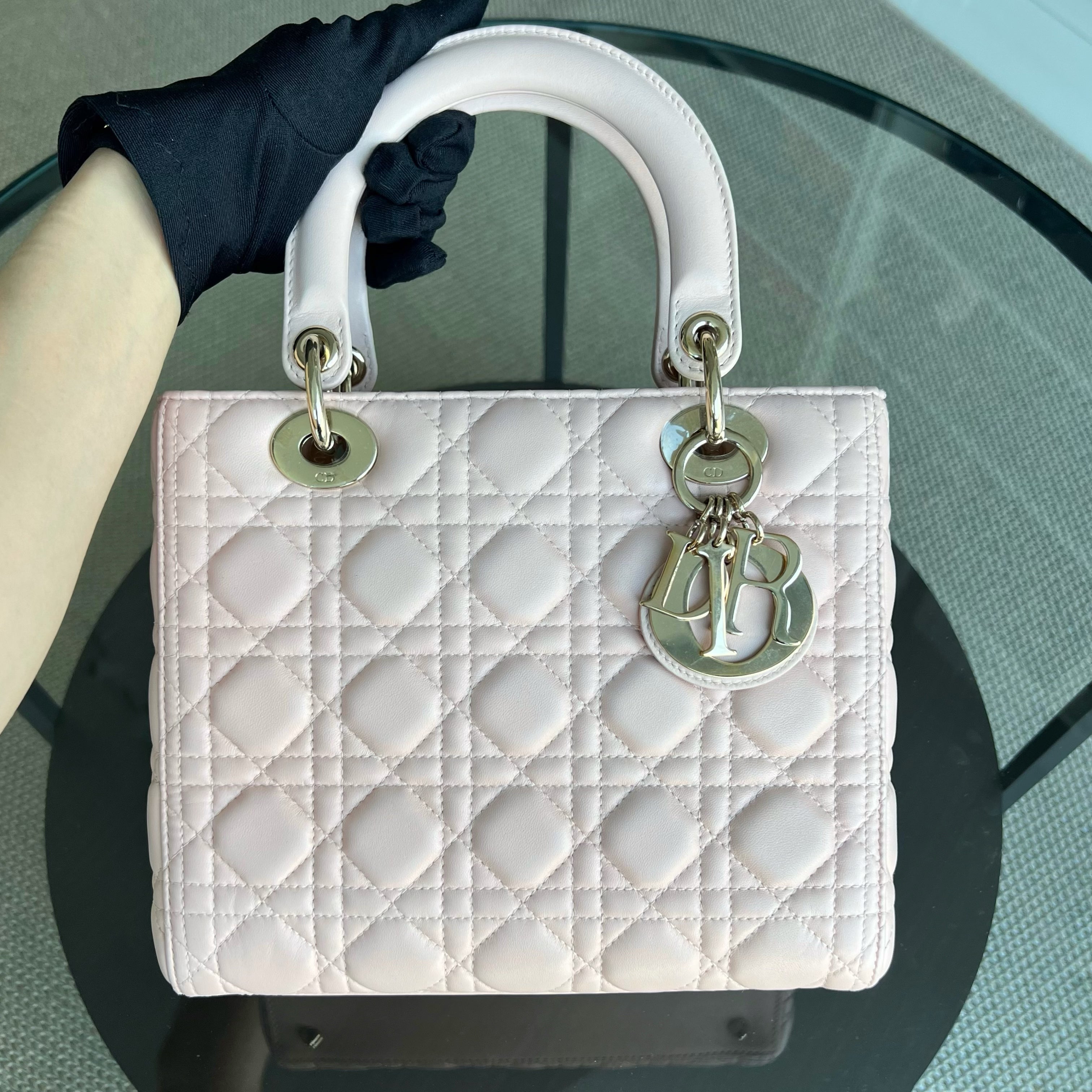 Dior Lady Medium Cannage Lambskin Sakura Pink Golden Hardware - Luxury Evermore