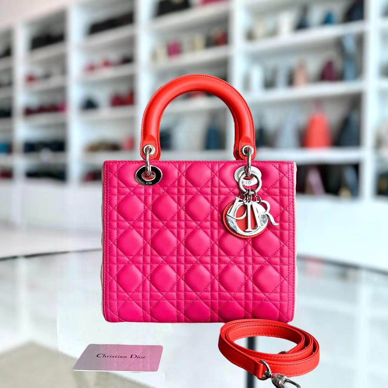 Dior Lady Medium Cannage Lambskin Tri-Color Pink Orange SHW - Luxury Evermore