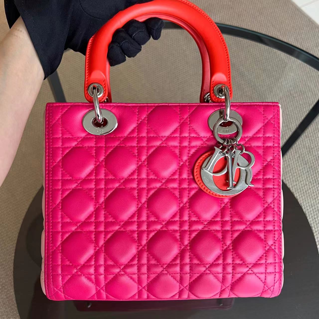 Dior Lady Medium Cannage Lambskin Tri-Color Pink Orange SHW - Luxury Evermore