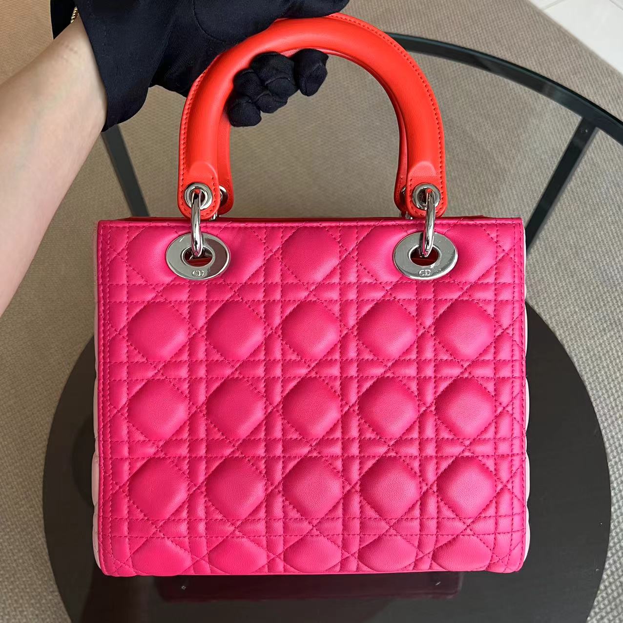 Dior Lady Medium Cannage Lambskin Tri-Color Pink Orange SHW - Luxury Evermore