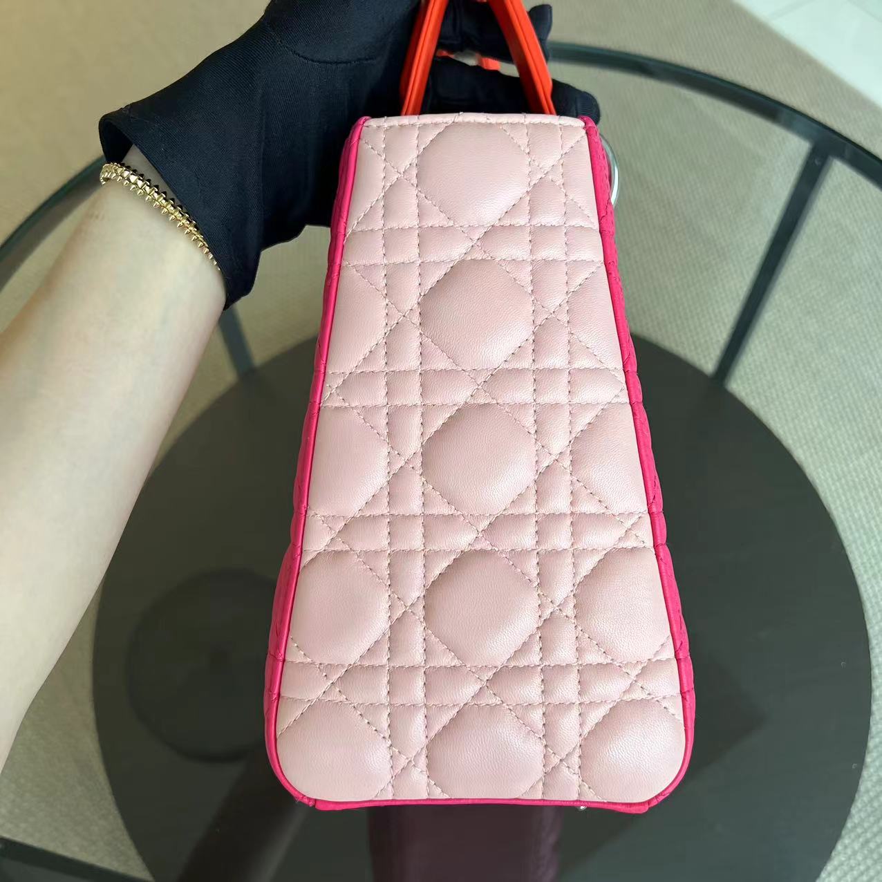 Dior Lady Medium Cannage Lambskin Tri-Color Pink Orange SHW - Luxury Evermore