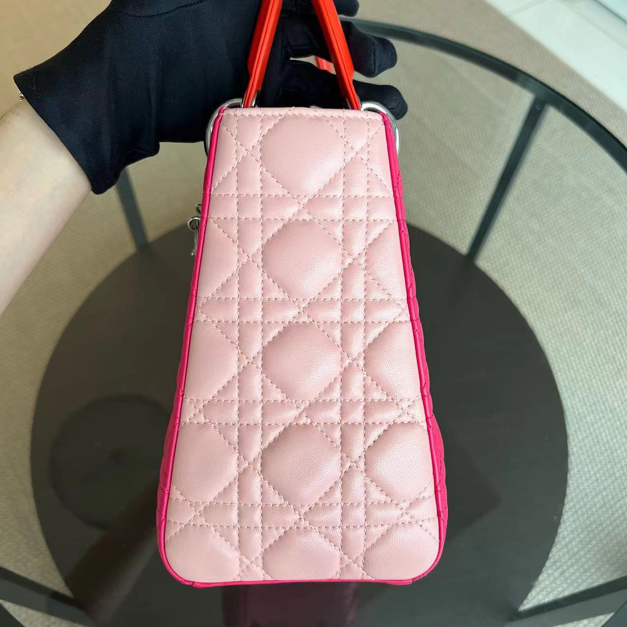 Dior Lady Medium Cannage Lambskin Tri-Color Pink Orange SHW - Luxury Evermore