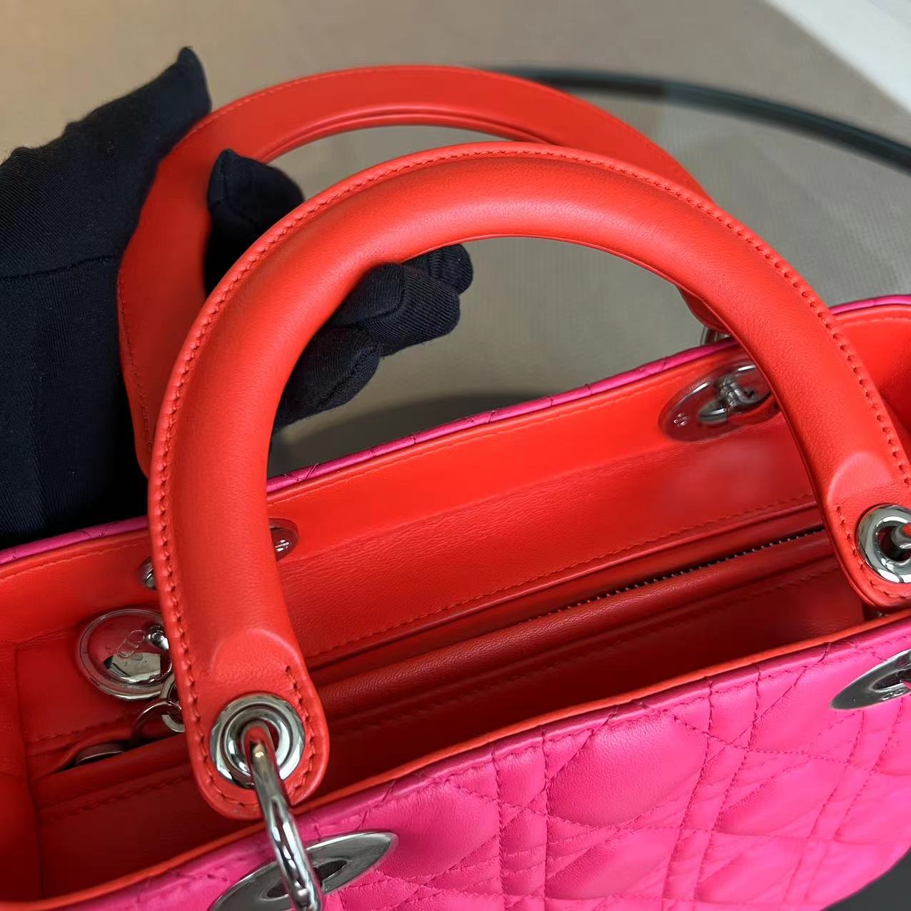 Dior Lady Medium Cannage Lambskin Tri-Color Pink Orange SHW - Luxury Evermore