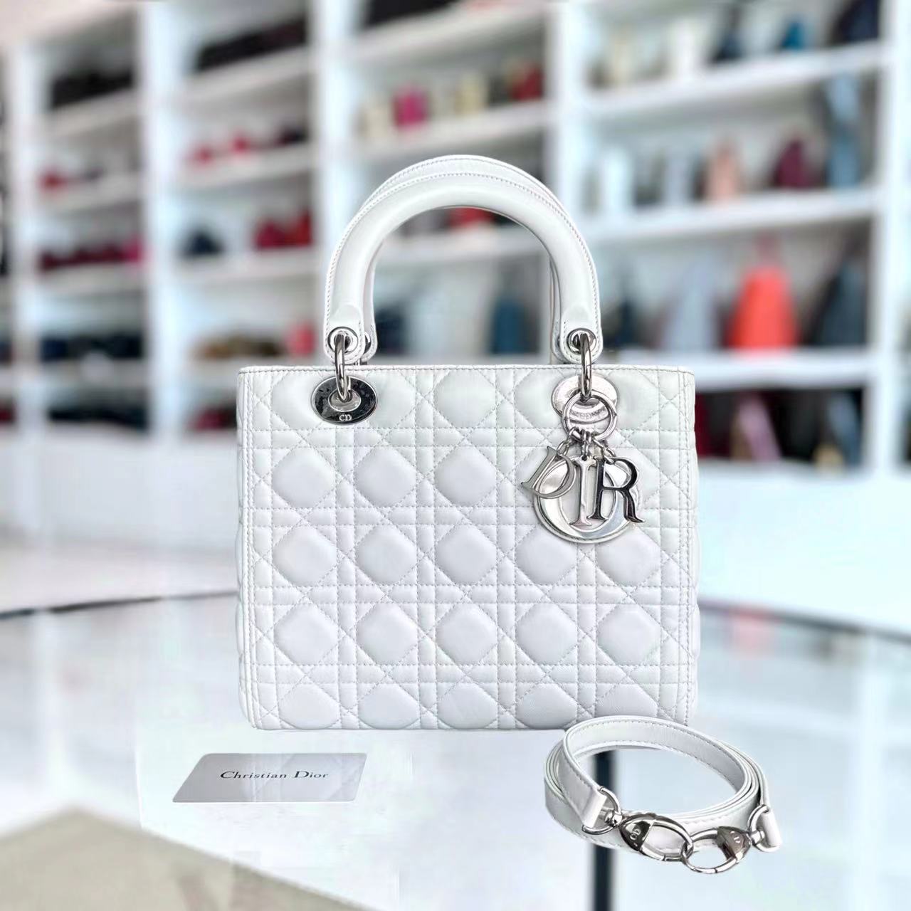 Dior Lady Medium Cannage Lambskin White Silver Hardware - Luxury Evermore