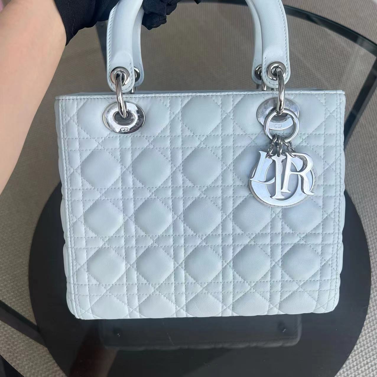 Dior Lady Medium Cannage Lambskin White Silver Hardware - Luxury Evermore