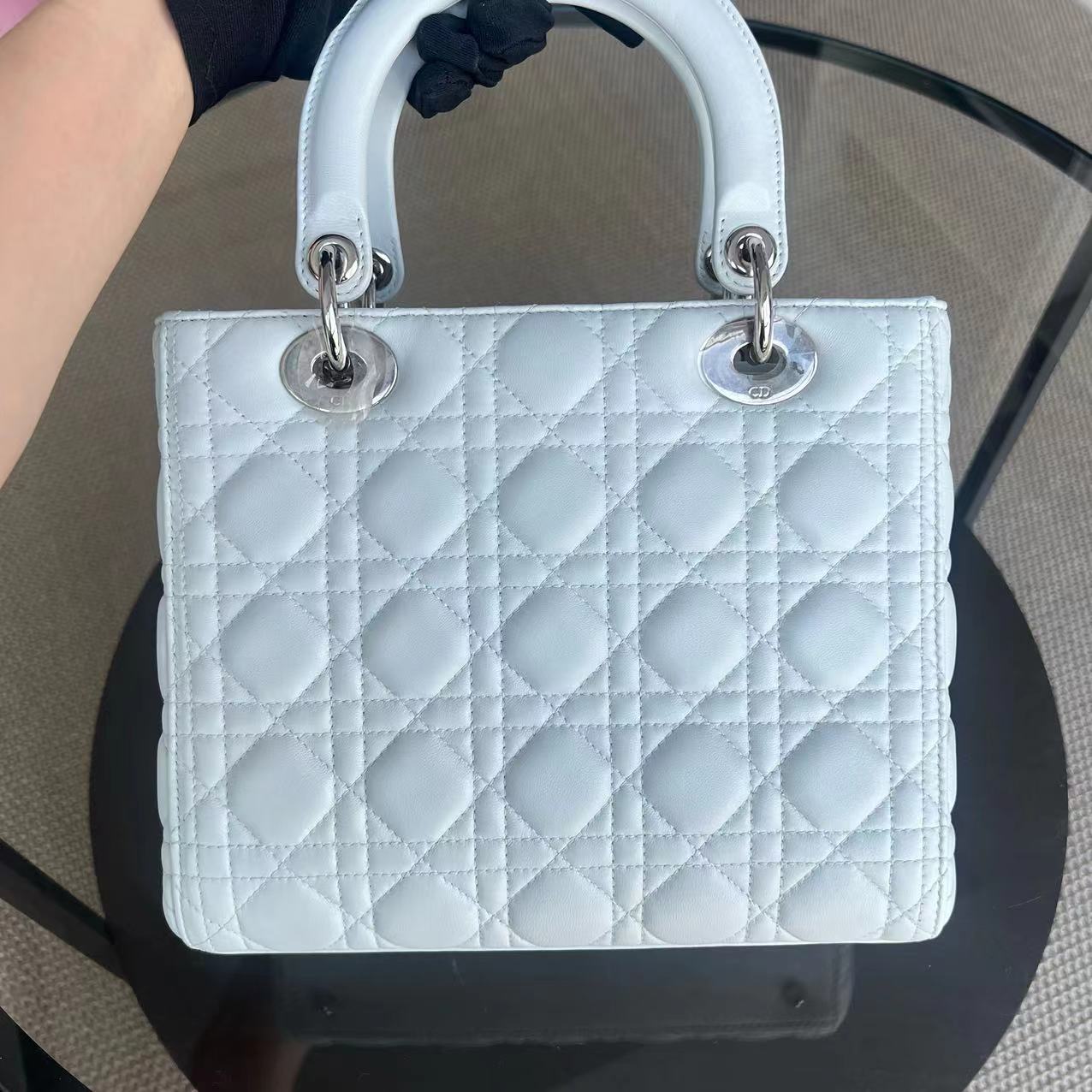 Dior Lady Medium Cannage Lambskin White Silver Hardware - Luxury Evermore