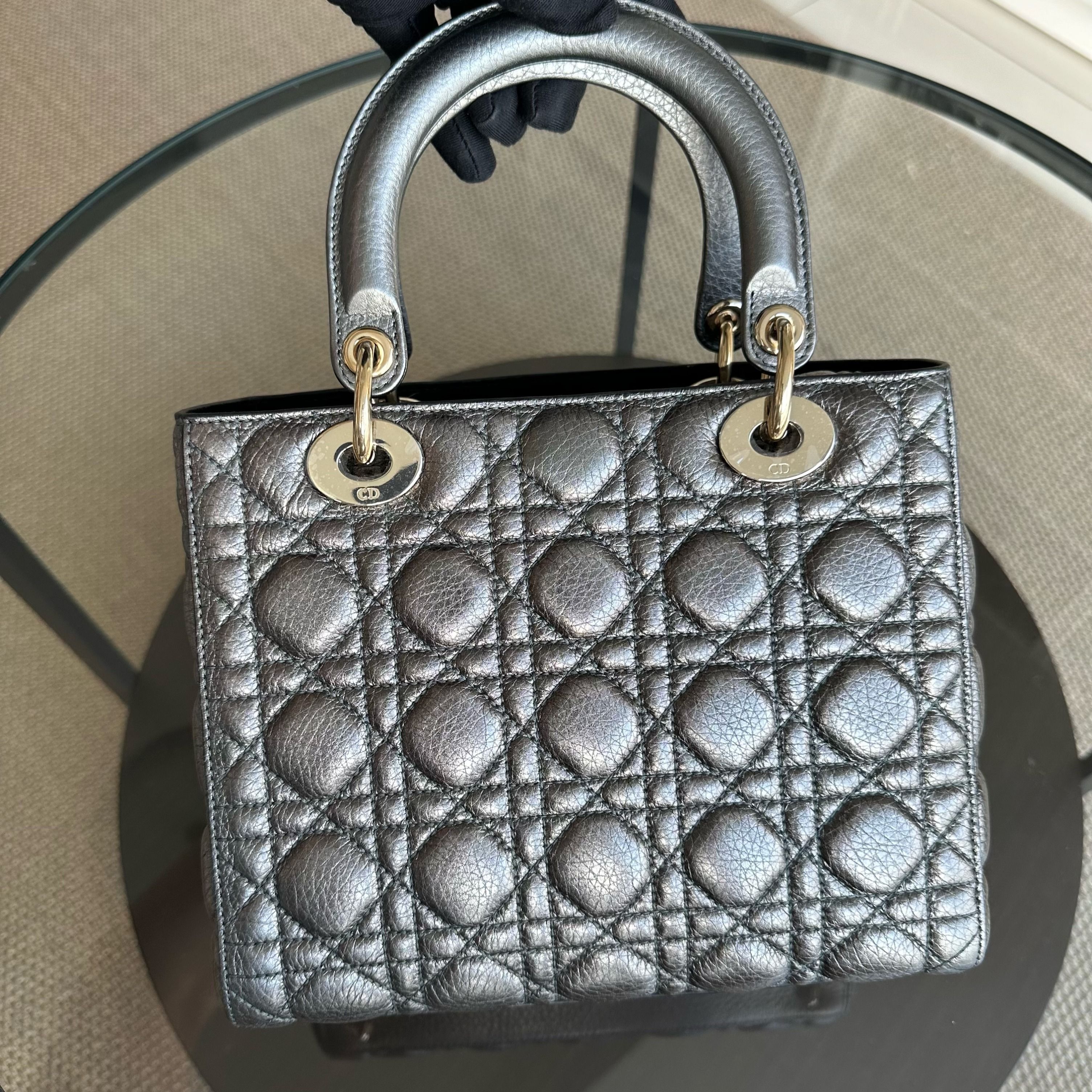 Dior Lady Medium Grained Calfskin Iridescent Grey GHW - Luxury Evermore