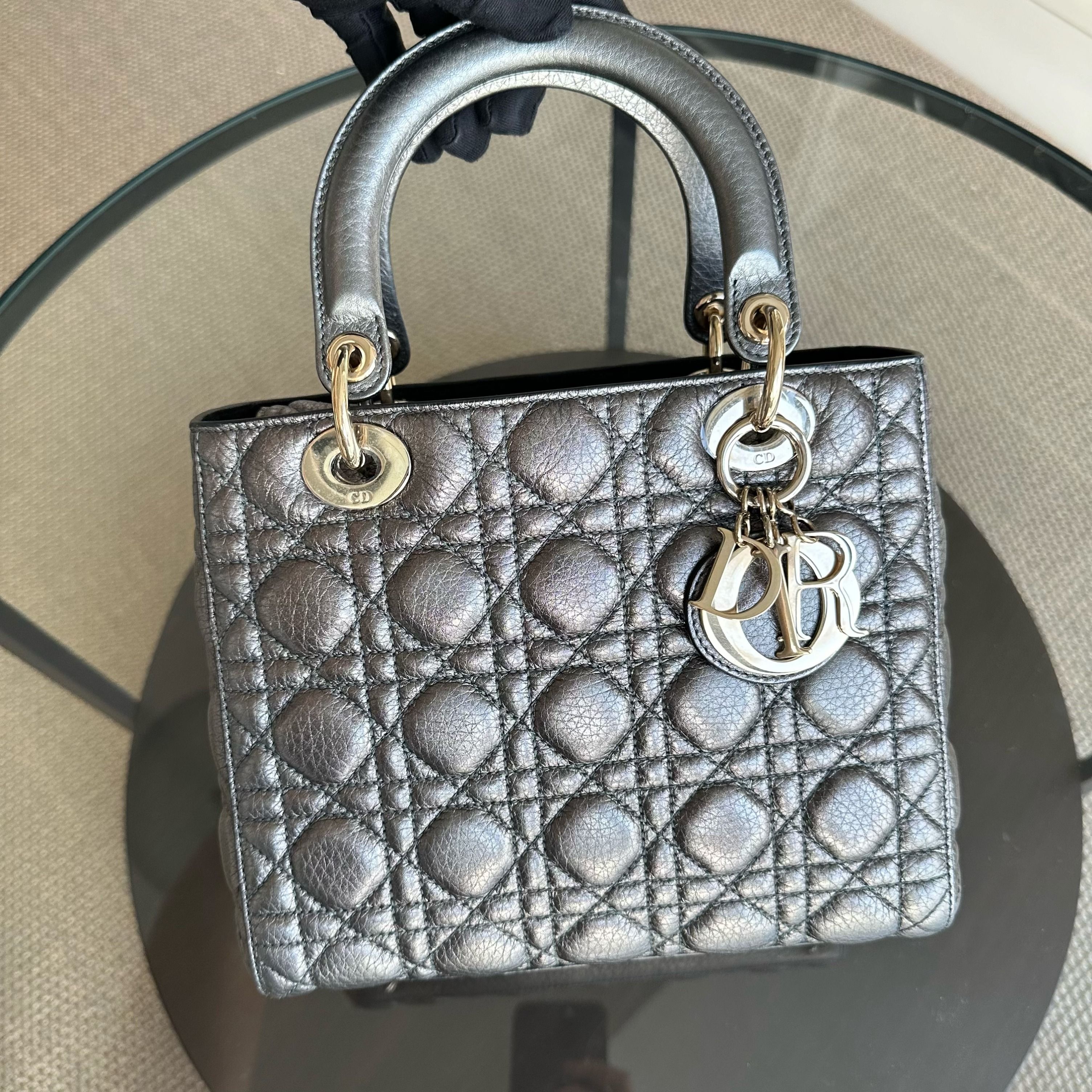 Dior Lady Medium Grained Calfskin Iridescent Grey GHW - Luxury Evermore