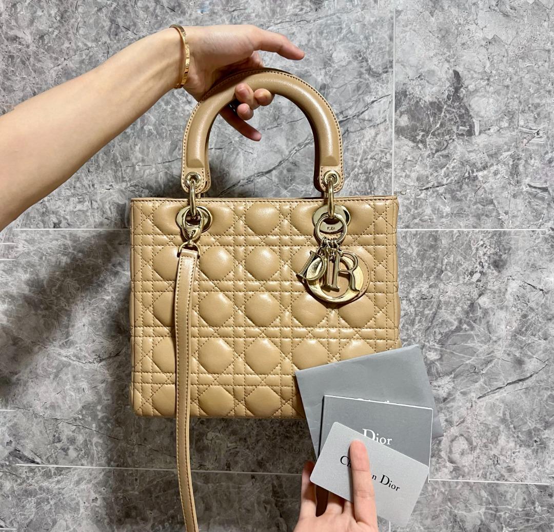 Dior Lady Medium Lambskin Beige GHW - Luxury Evermore