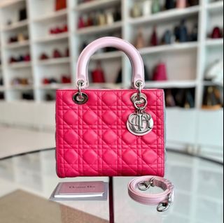 Dior Lady Medium Lambskin Bi-Color Cannage Pink Grey SHW - Luxury Evermore