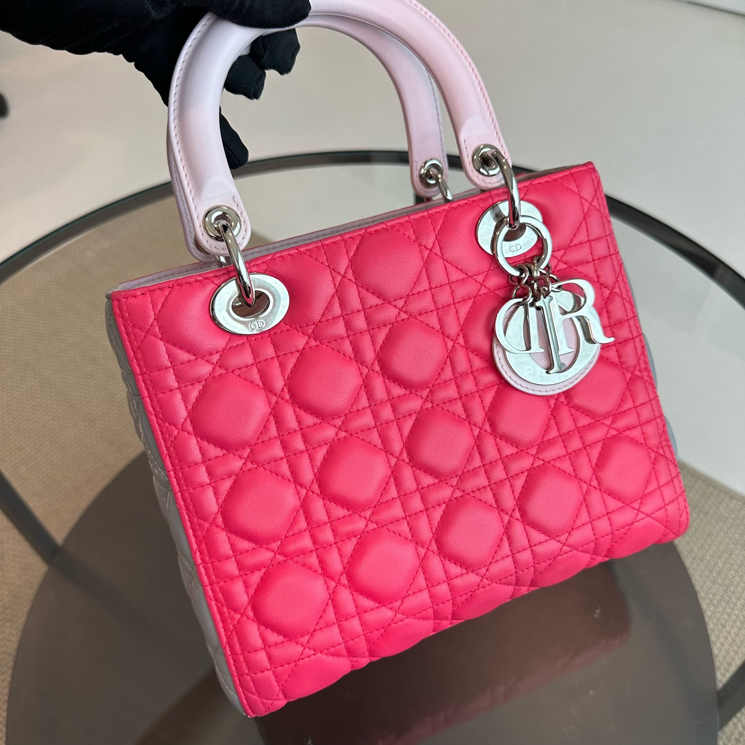 Dior Lady Medium Lambskin Bi-Color Cannage Pink Grey SHW - Luxury Evermore