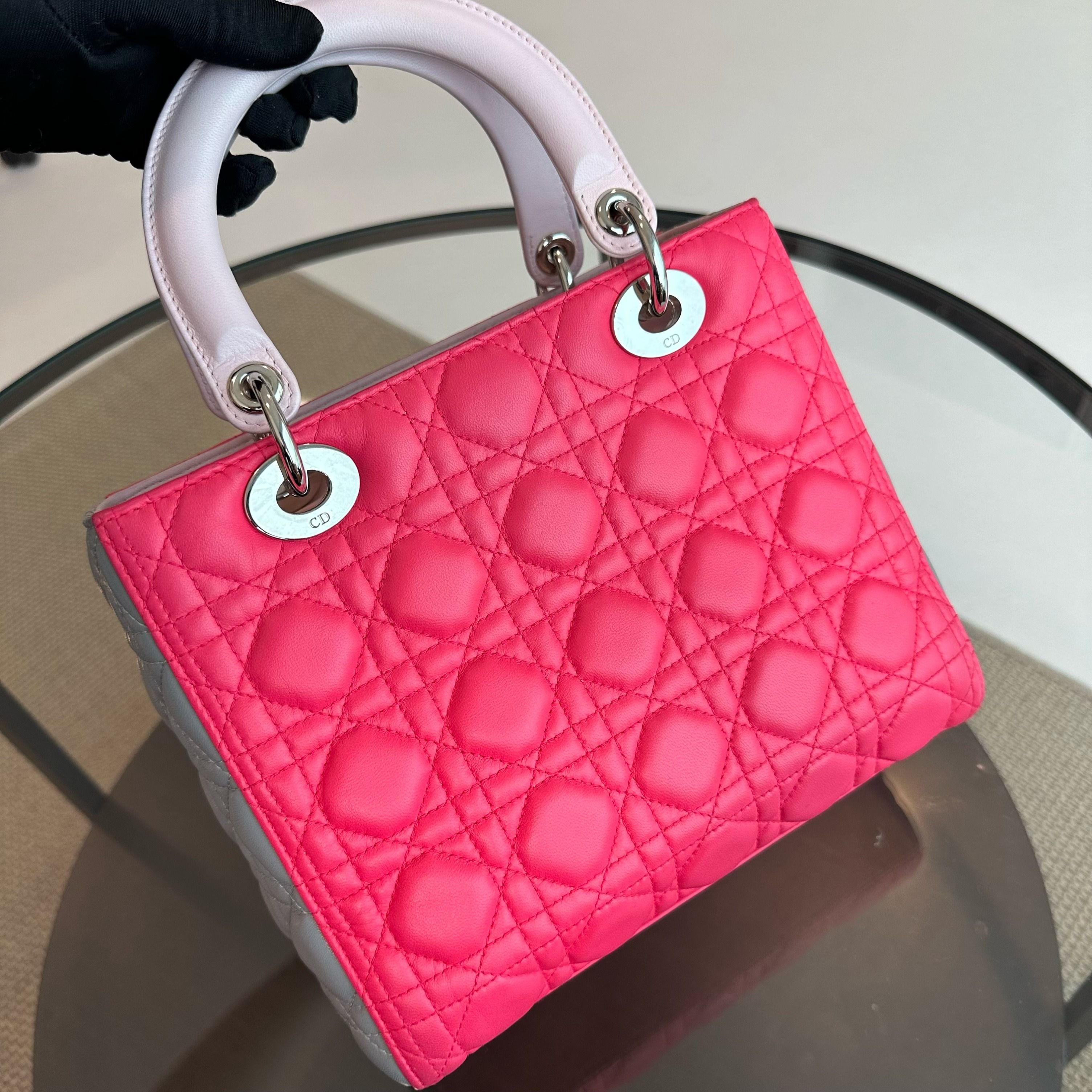 Dior Lady Medium Lambskin Bi-Color Cannage Pink Grey SHW - Luxury Evermore
