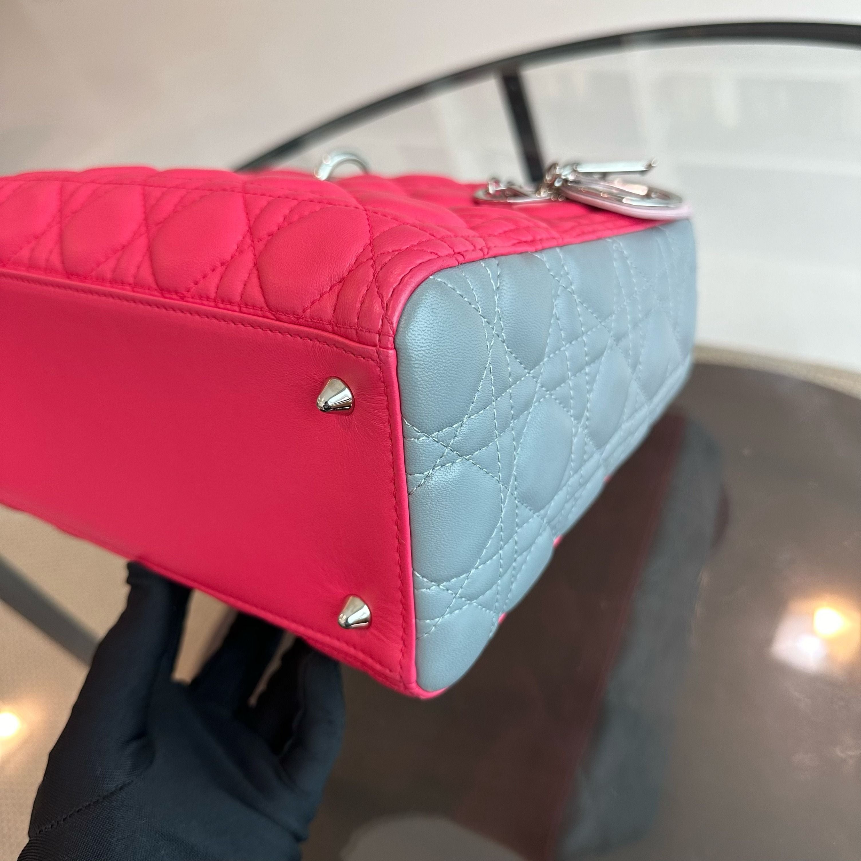 Dior Lady Medium Lambskin Bi-Color Cannage Pink Grey SHW - Luxury Evermore