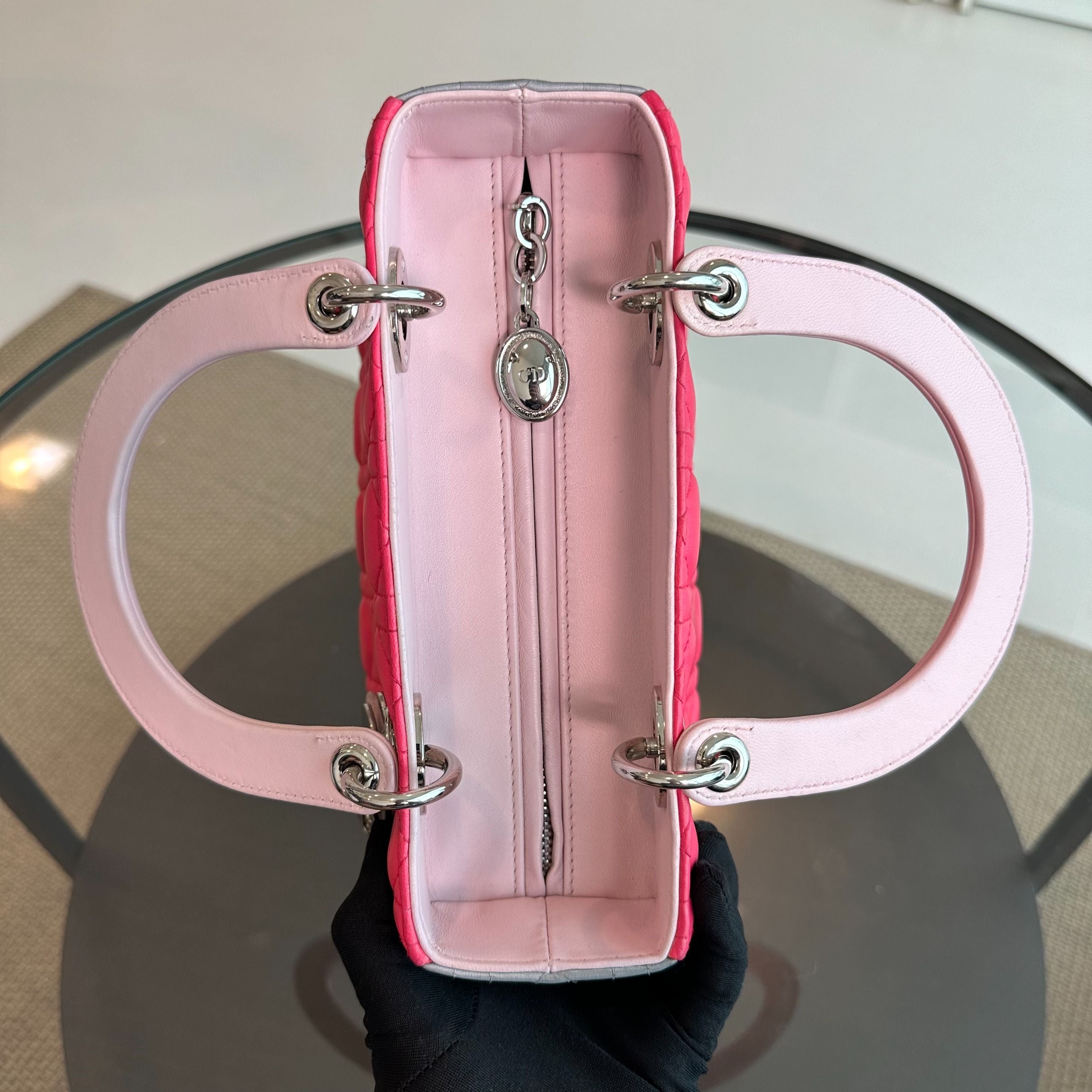 Dior Lady Medium Lambskin Bi-Color Cannage Pink Grey SHW - Luxury Evermore