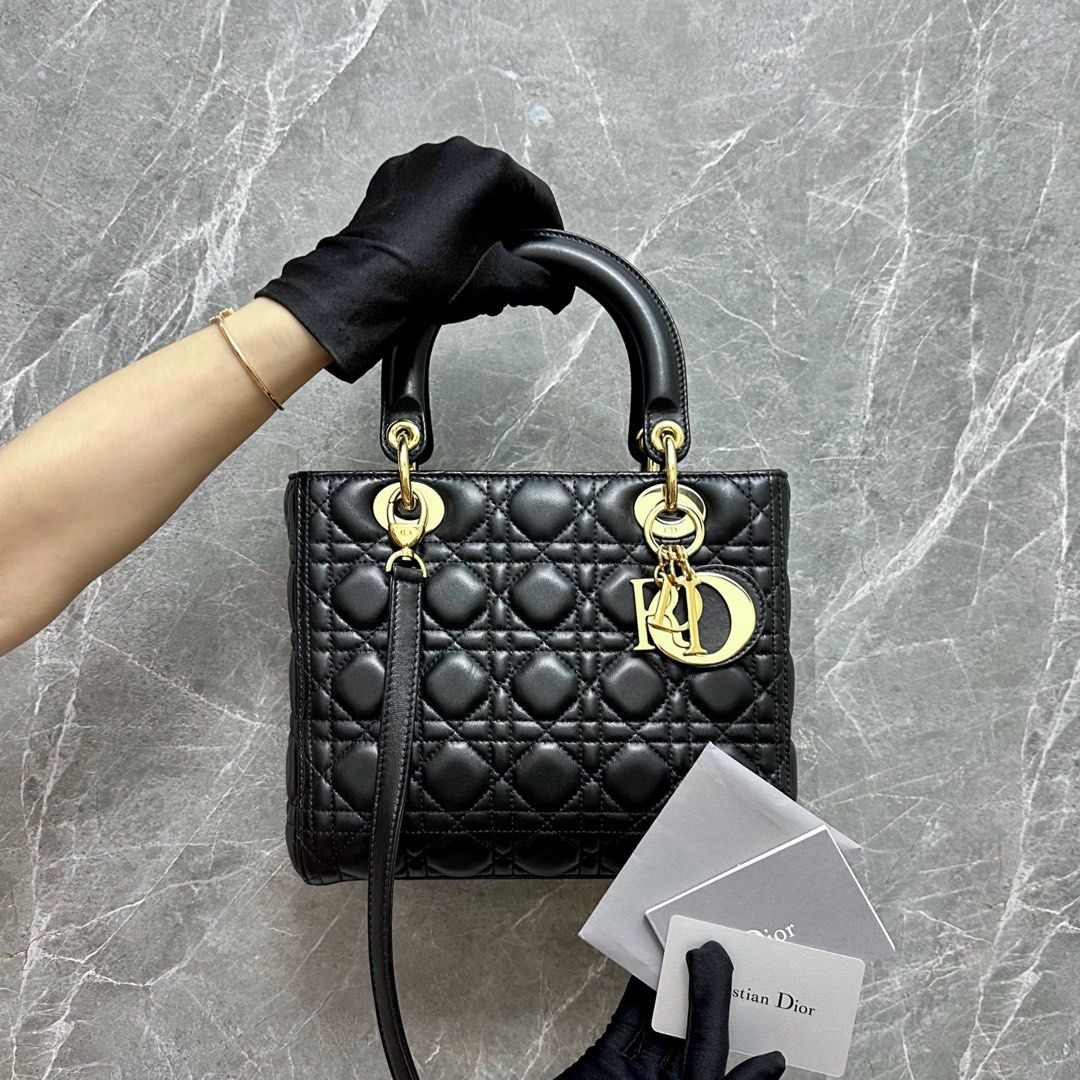 Dior Lady Medium Lambskin Black GHW - Luxury Evermore