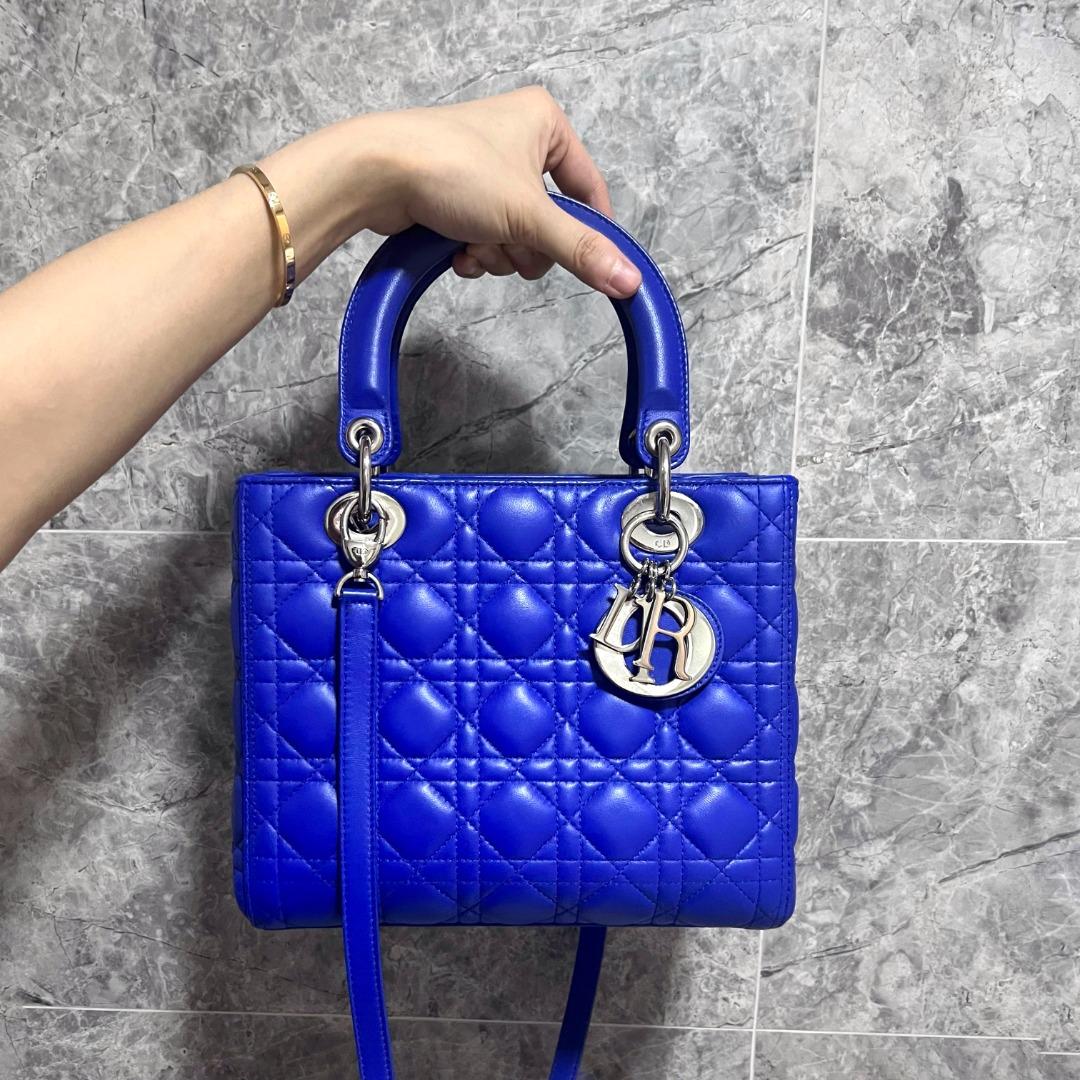 Dior Lady Medium Lambskin Blue Silver Hardware - Luxury Evermore