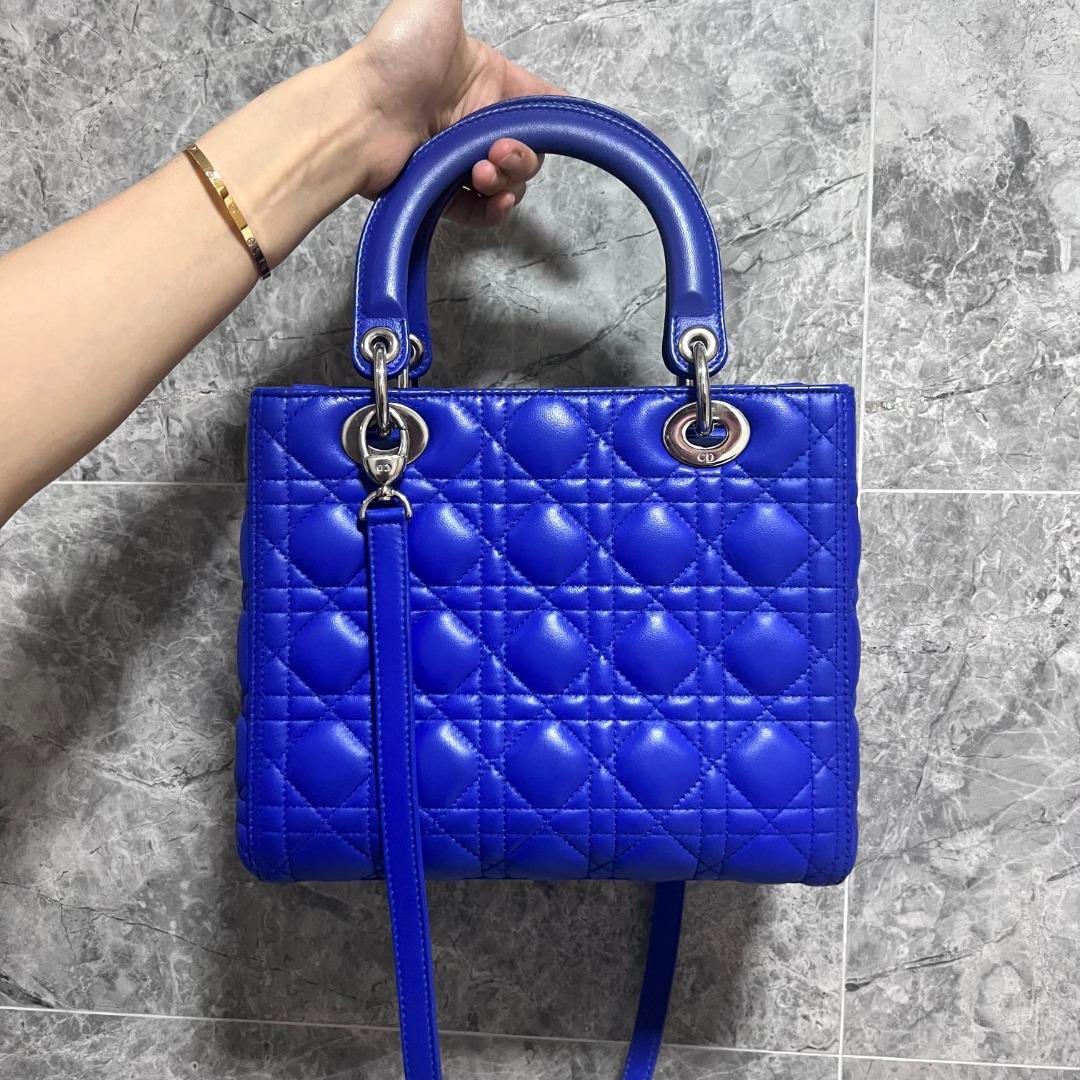 Dior Lady Medium Lambskin Blue Silver Hardware - Luxury Evermore