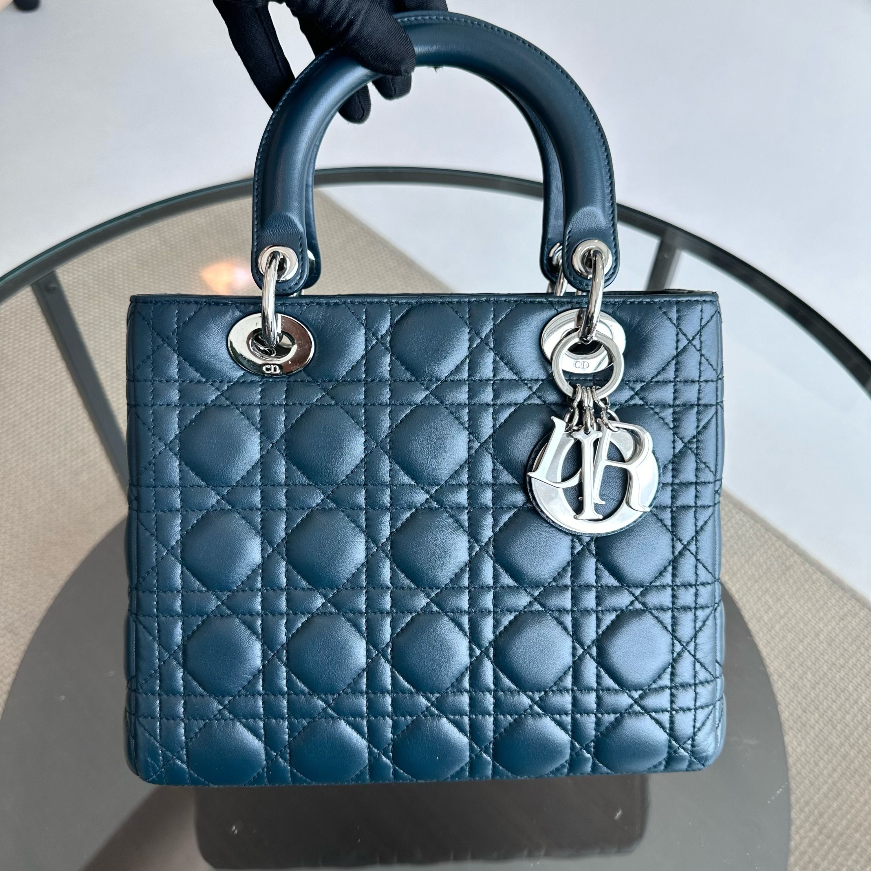 Dior Lady Medium Lambskin Cannage Dark Blue SHW - Luxury Evermore