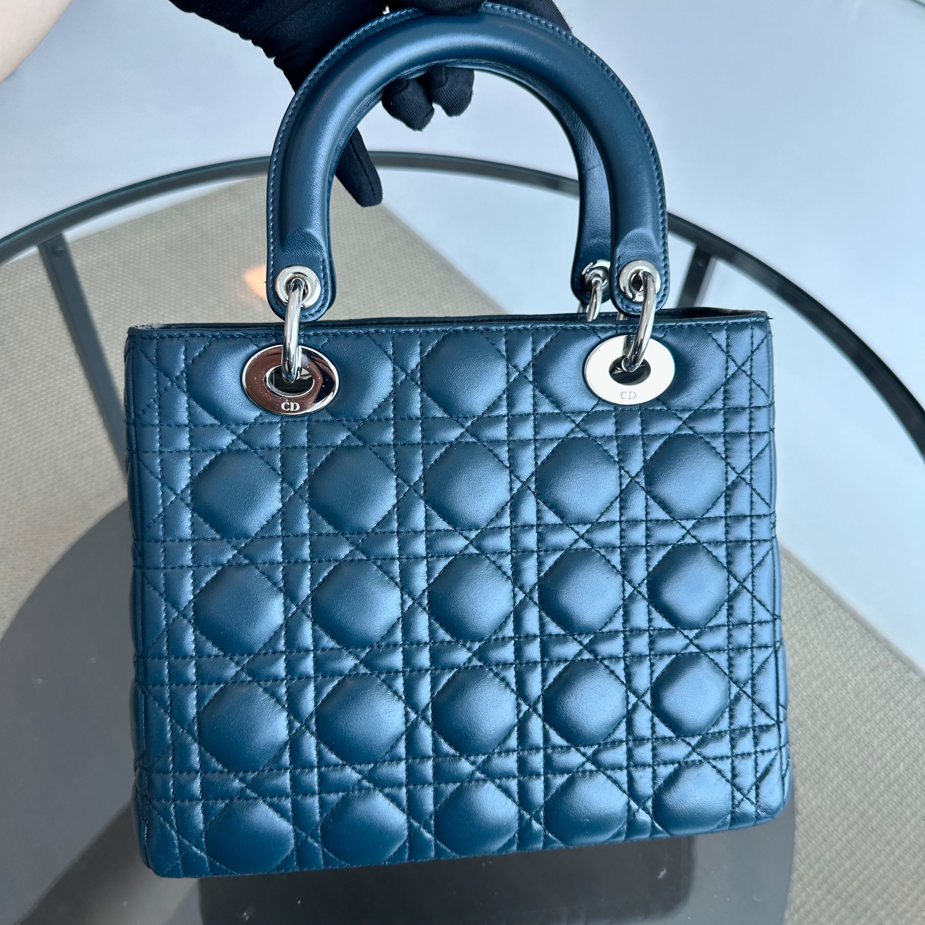 Dior Lady Medium Lambskin Cannage Dark Blue SHW - Luxury Evermore