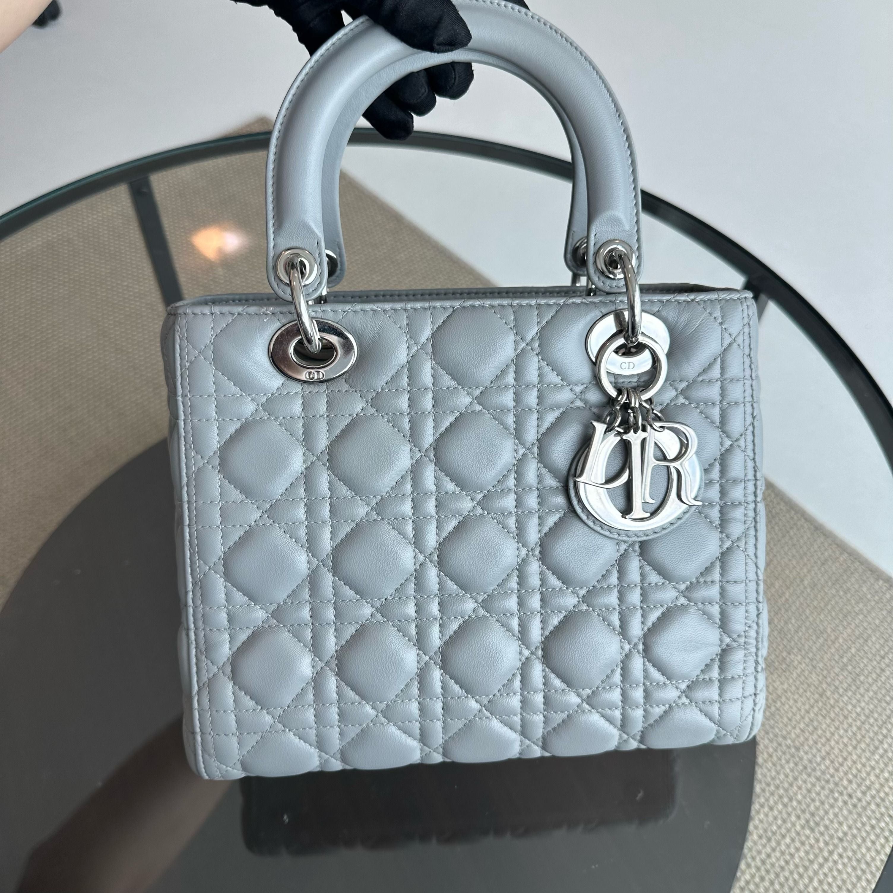 Dior Lady Medium Lambskin Cannage Grey SHW - Luxury Evermore