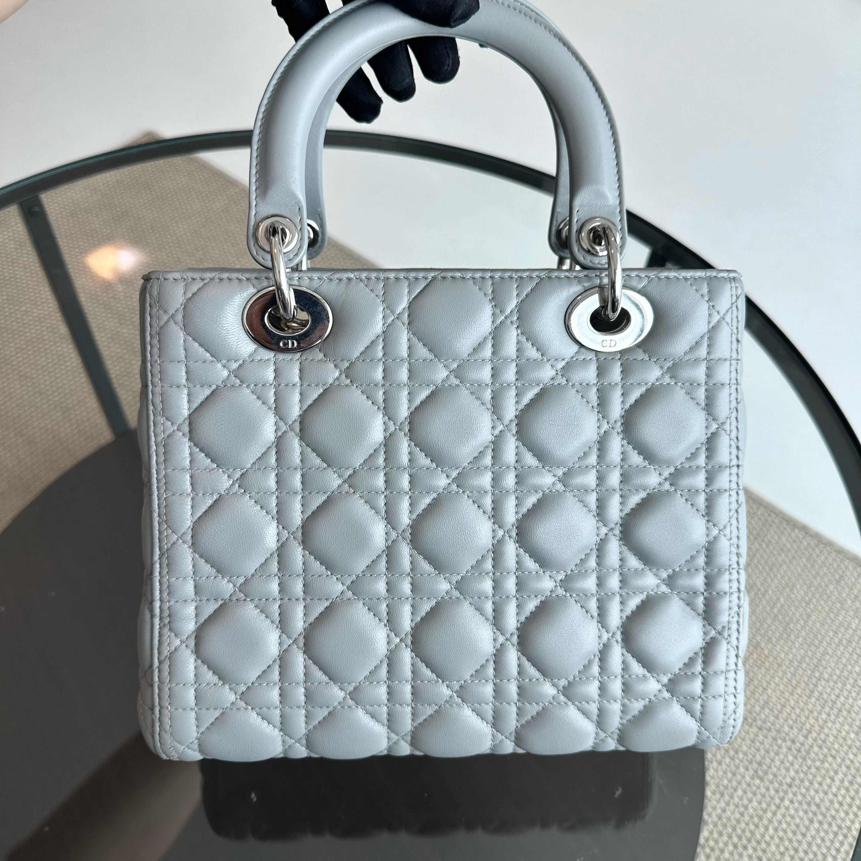 Dior Lady Medium Lambskin Cannage Grey SHW - Luxury Evermore