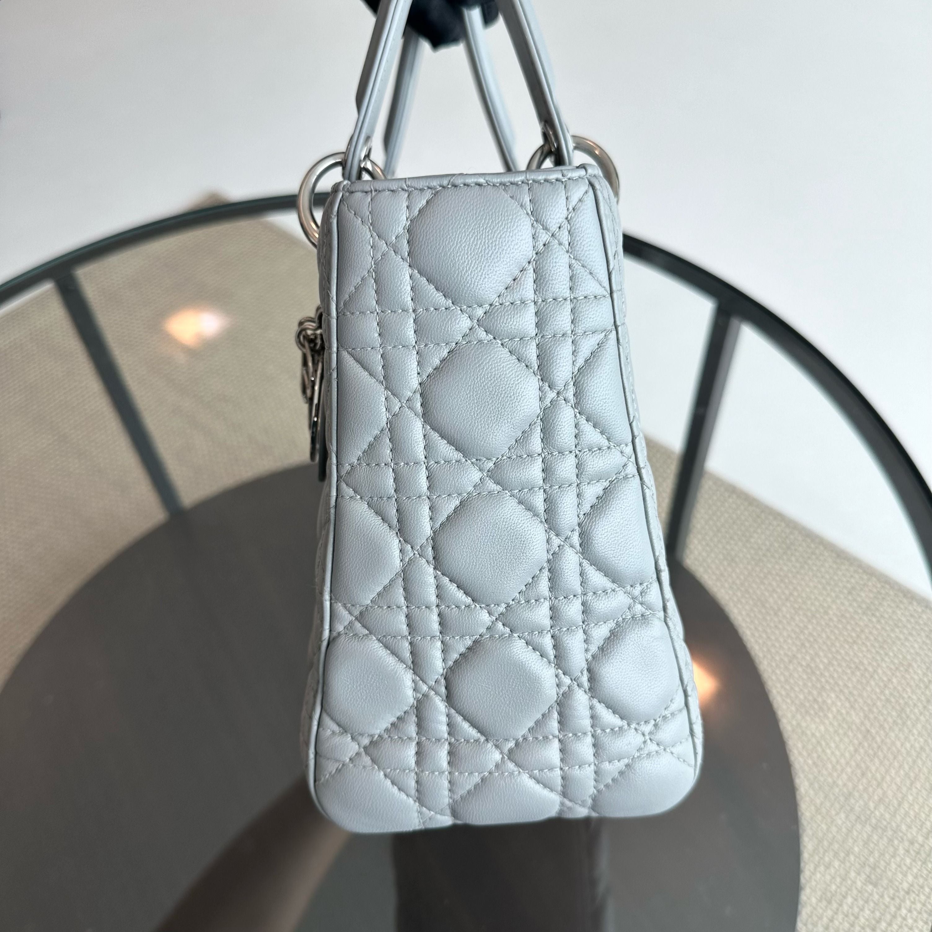 Dior Lady Medium Lambskin Cannage Grey SHW - Luxury Evermore