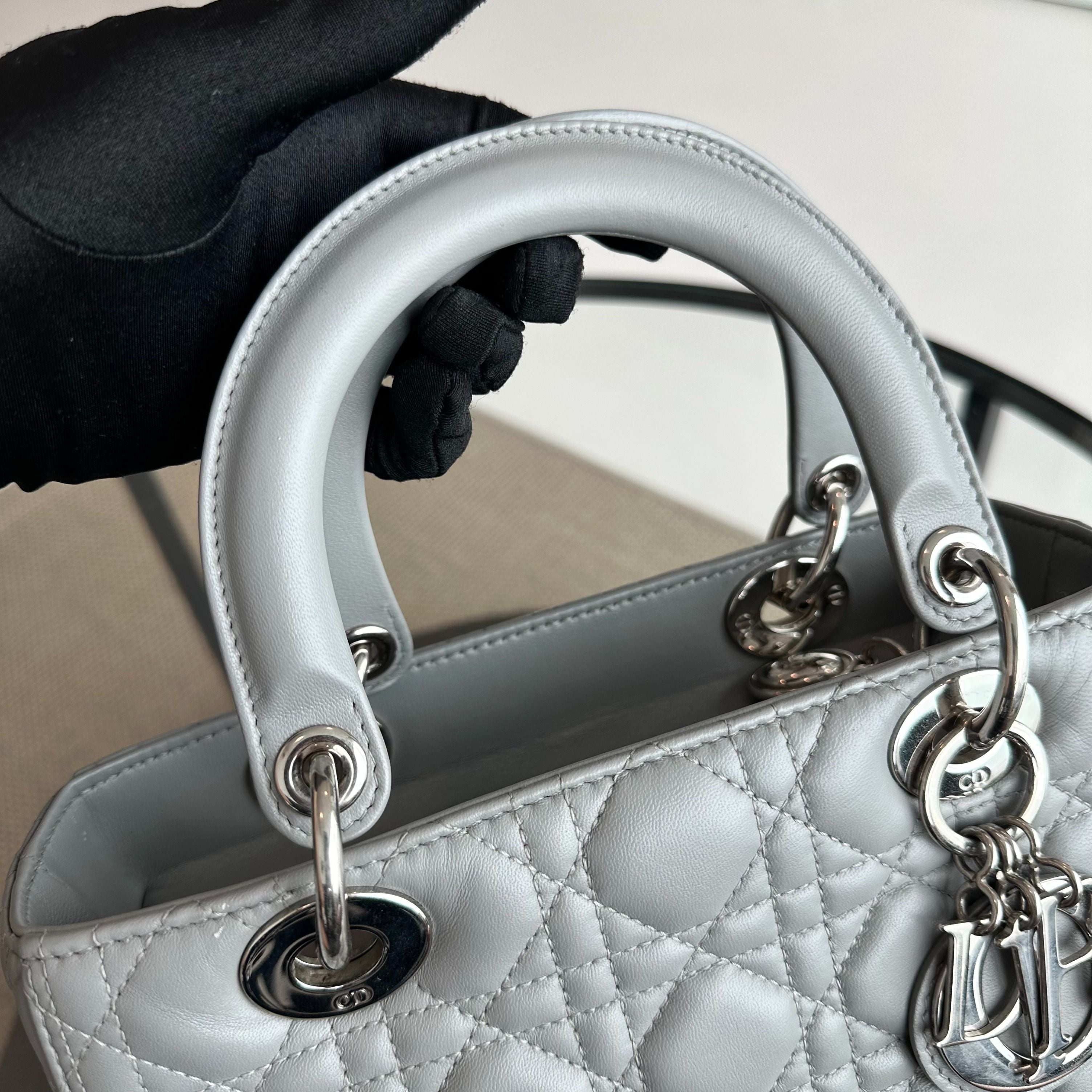 Dior Lady Medium Lambskin Cannage Grey SHW - Luxury Evermore