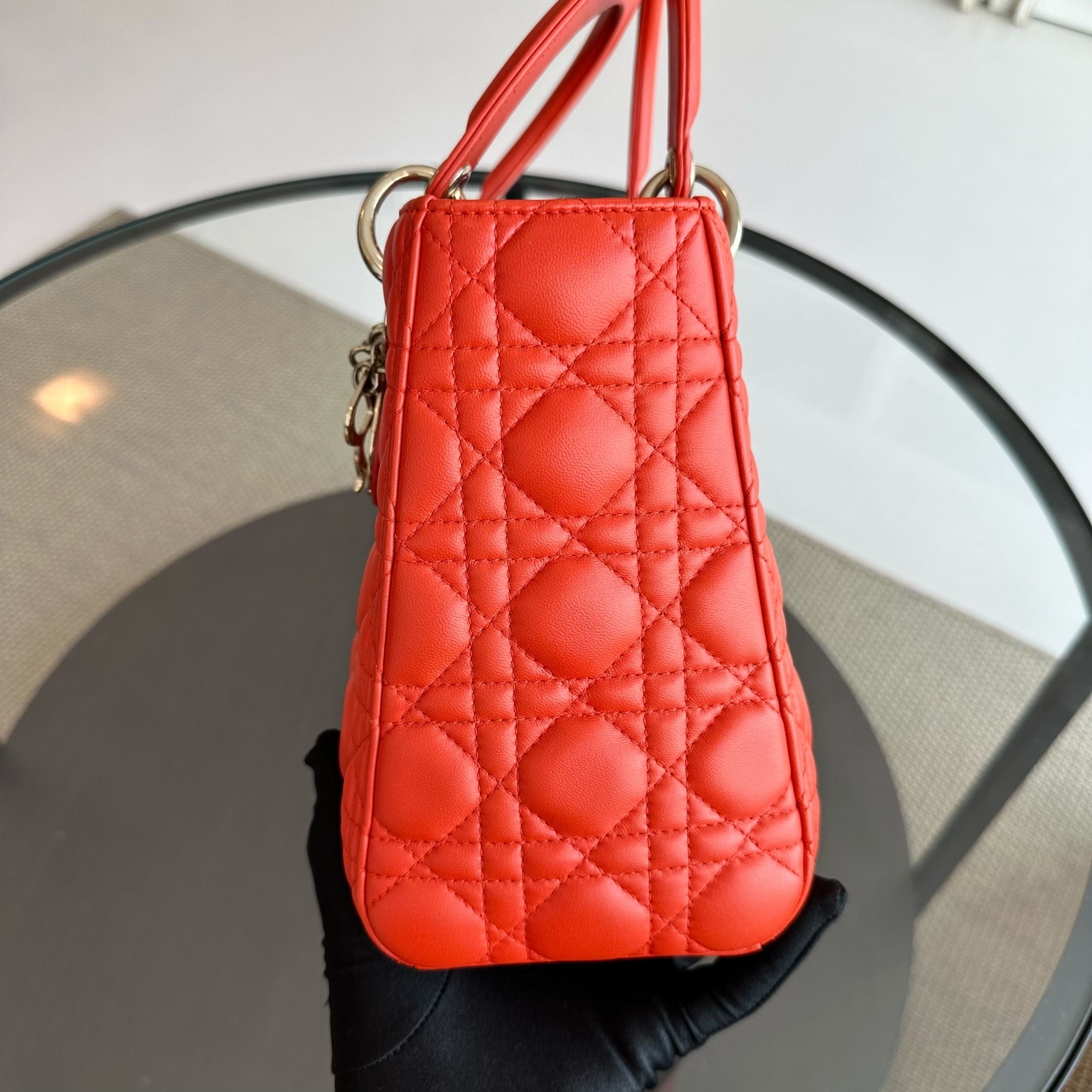 Dior Lady Medium Lambskin Cannage Orange GHW - Luxury Evermore