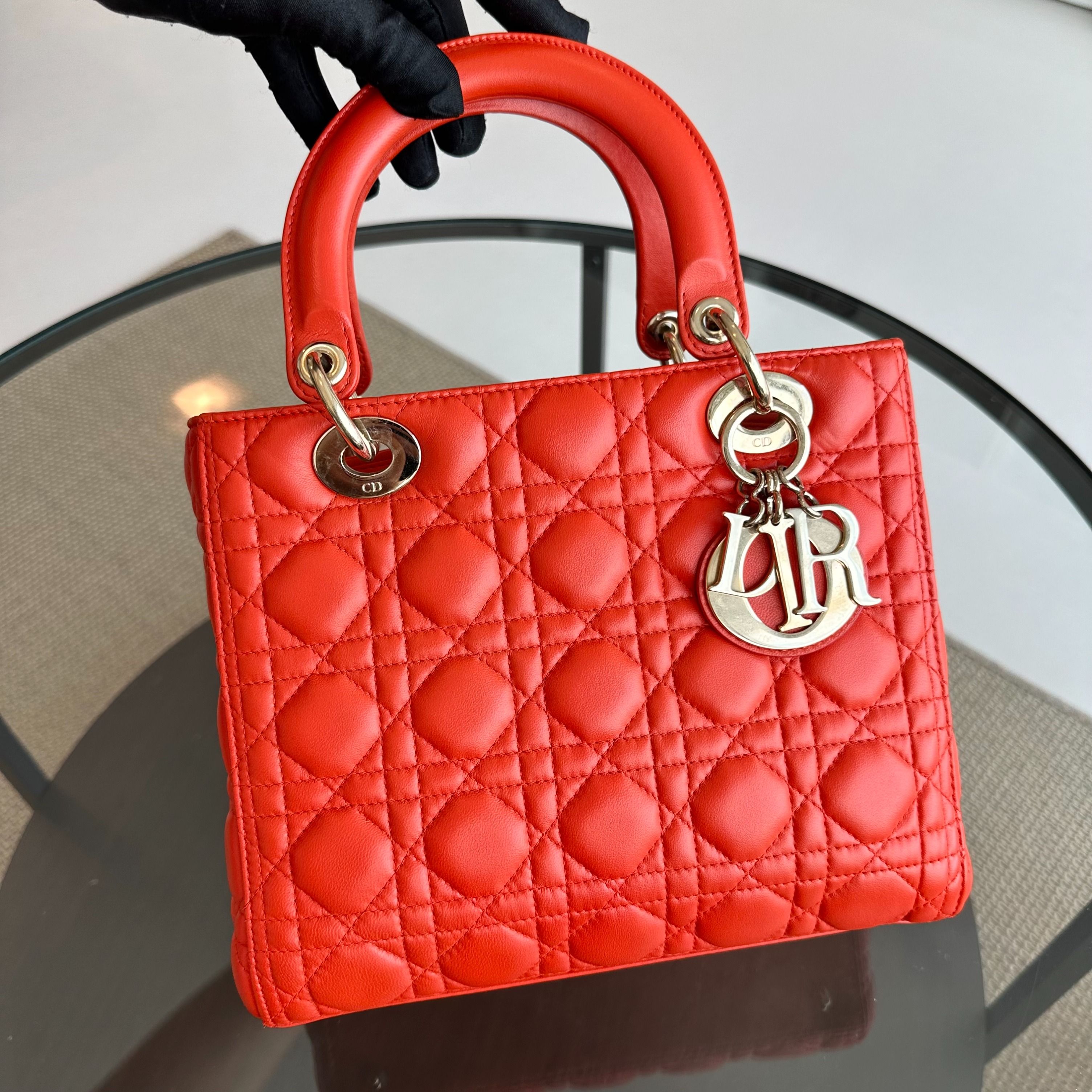 Dior Lady Medium Lambskin Cannage Orange GHW - Luxury Evermore