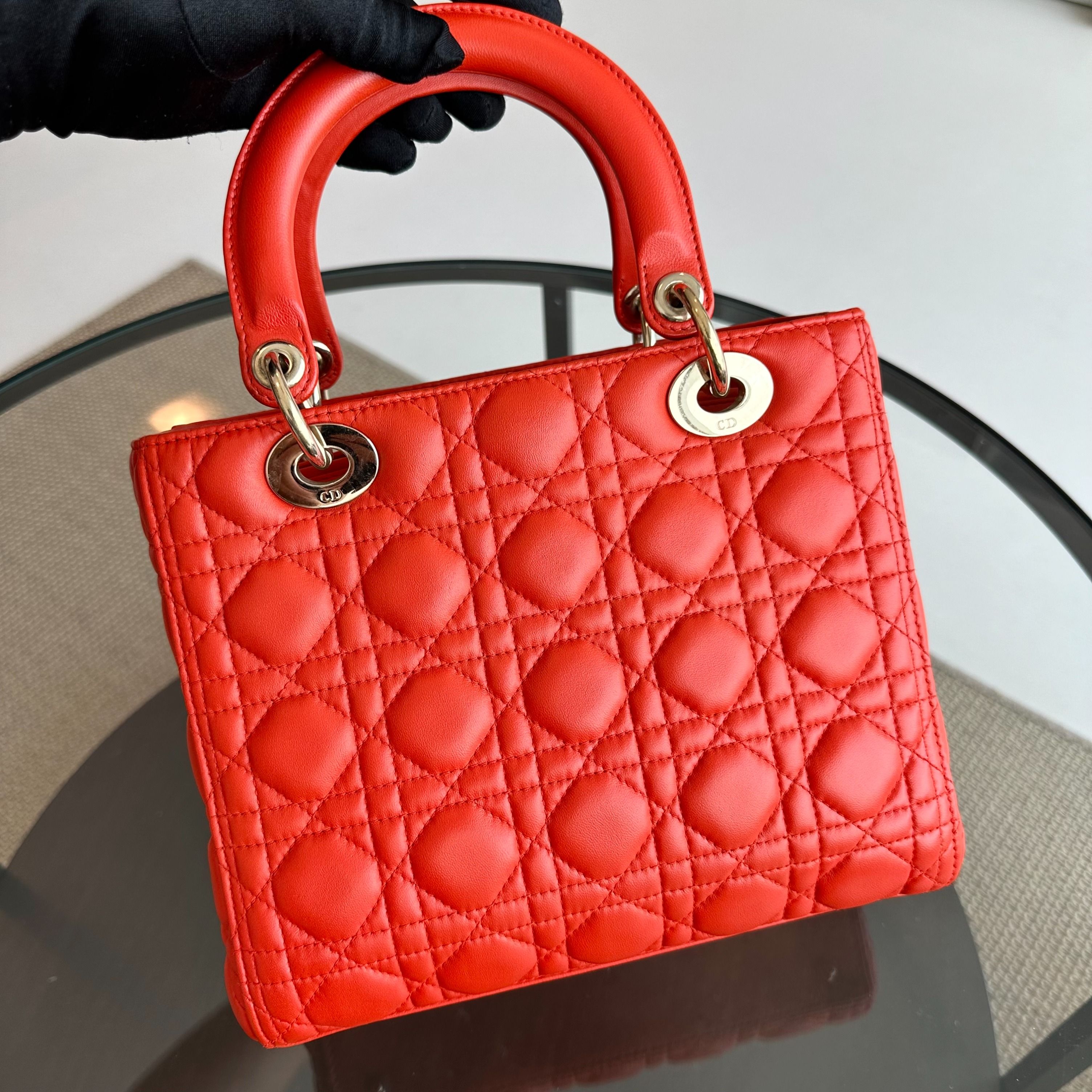 Dior Lady Medium Lambskin Cannage Orange GHW - Luxury Evermore