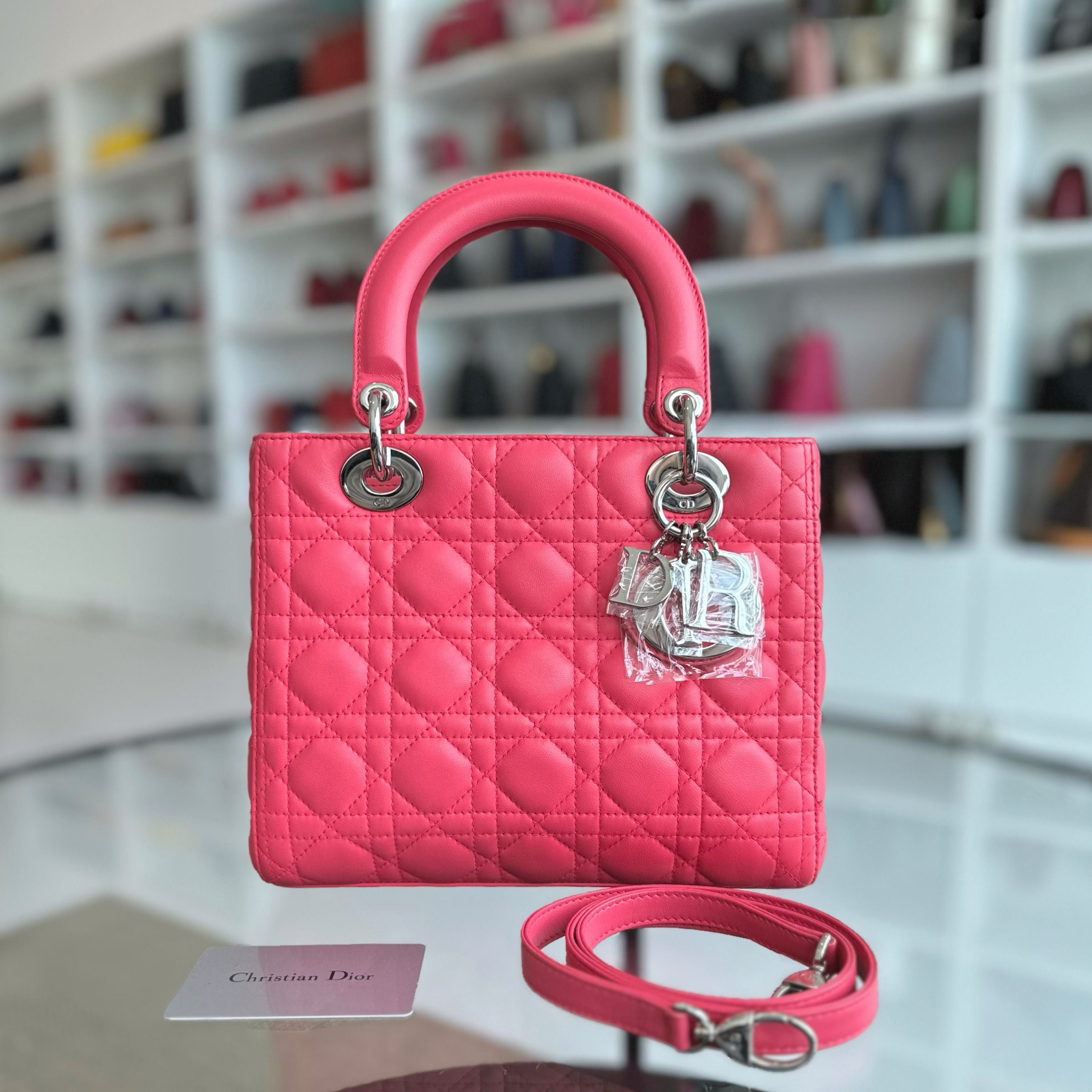 Dior Lady Medium Lambskin Cannage Pink SHW - Luxury Evermore