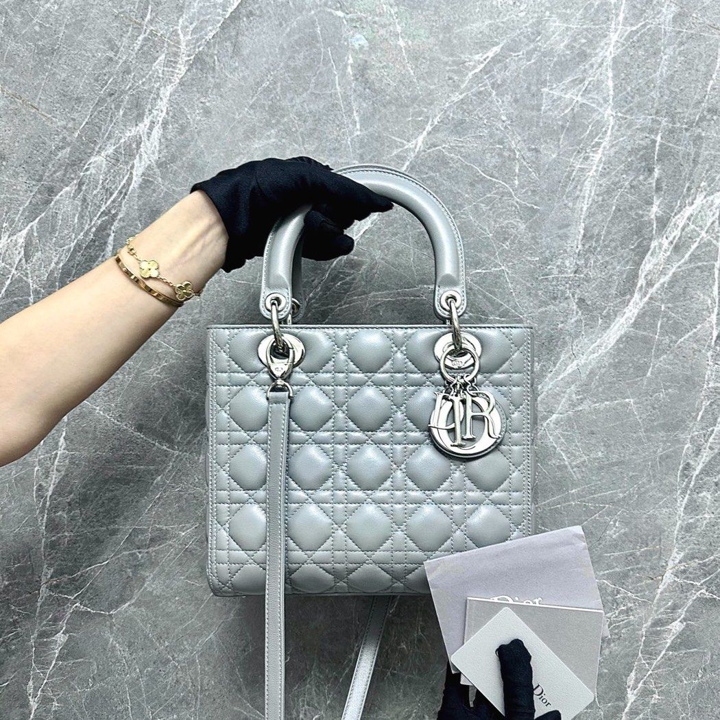 Dior Lady Medium Lambskin Grey SHW - Luxury Evermore