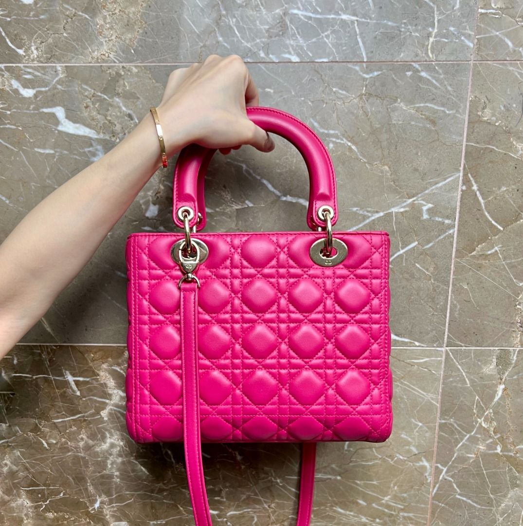 Dior Lady Medium Lambskin Hot Pink GHW - Luxury Evermore