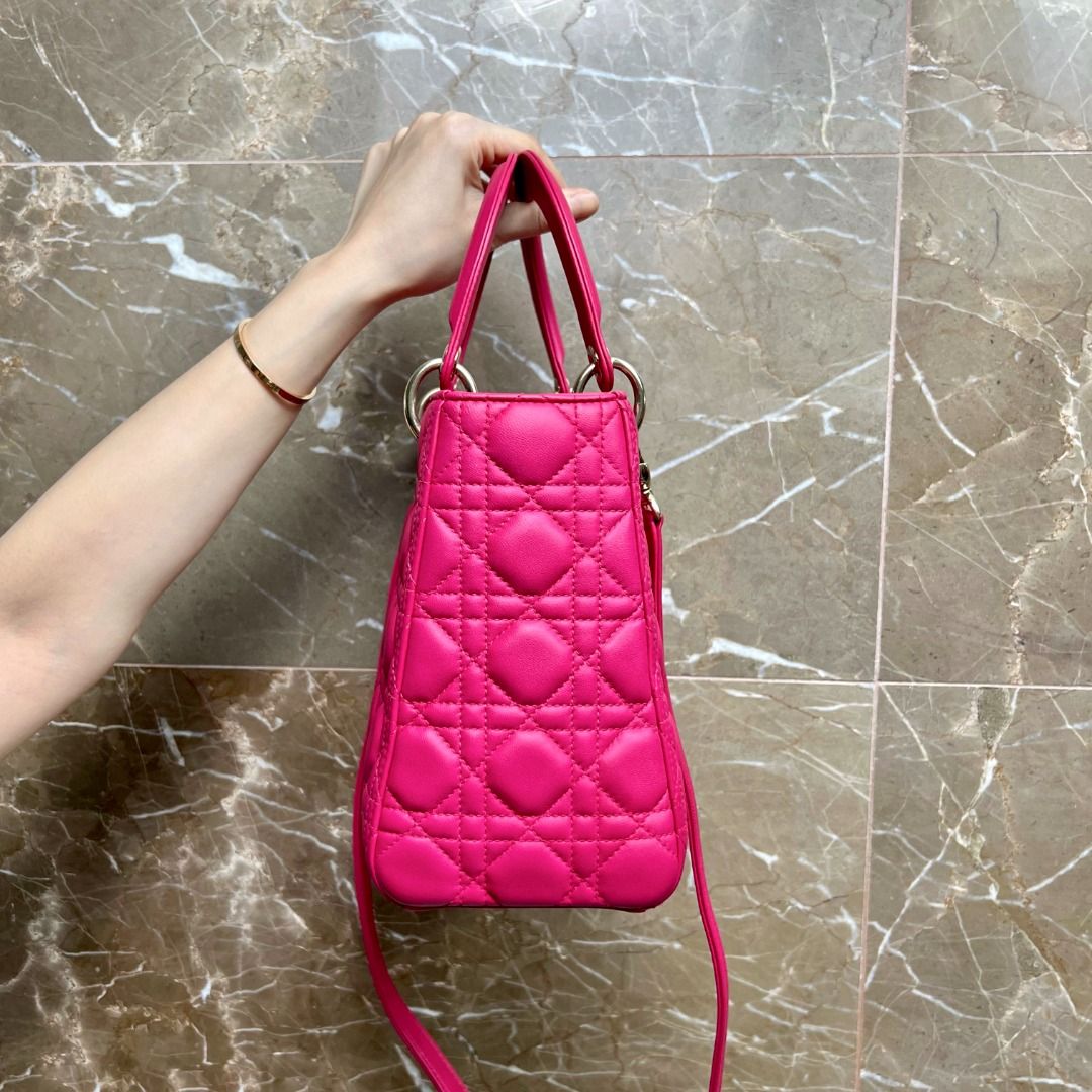 Dior Lady Medium Lambskin Hot Pink GHW - Luxury Evermore