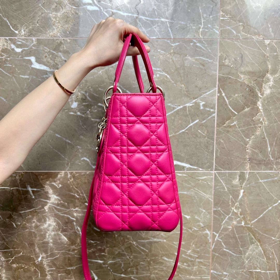 Dior Lady Medium Lambskin Hot Pink GHW - Luxury Evermore